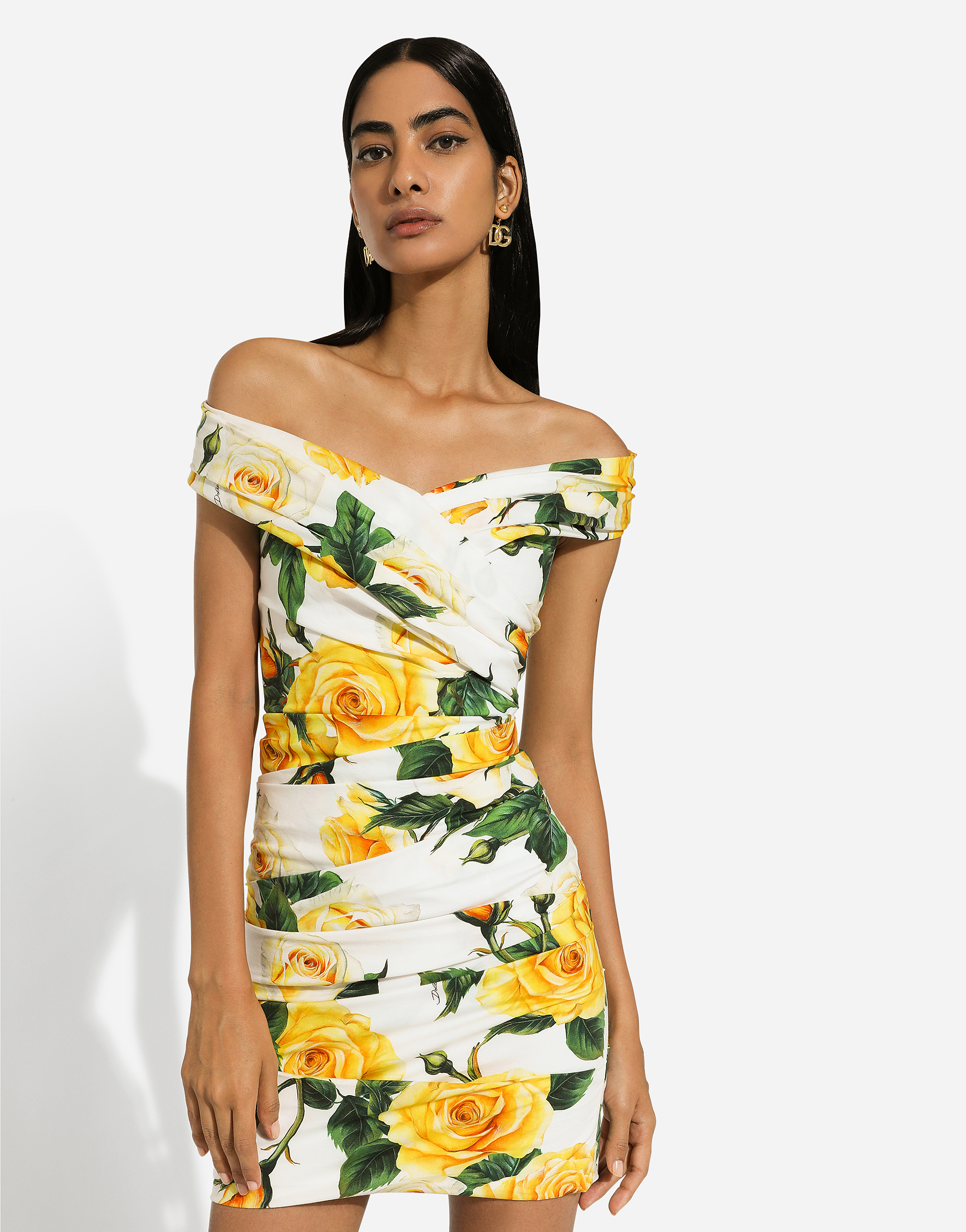 Shop Dolce & Gabbana Short Draped Cotton Dress With Yellow Rose Print In プリ