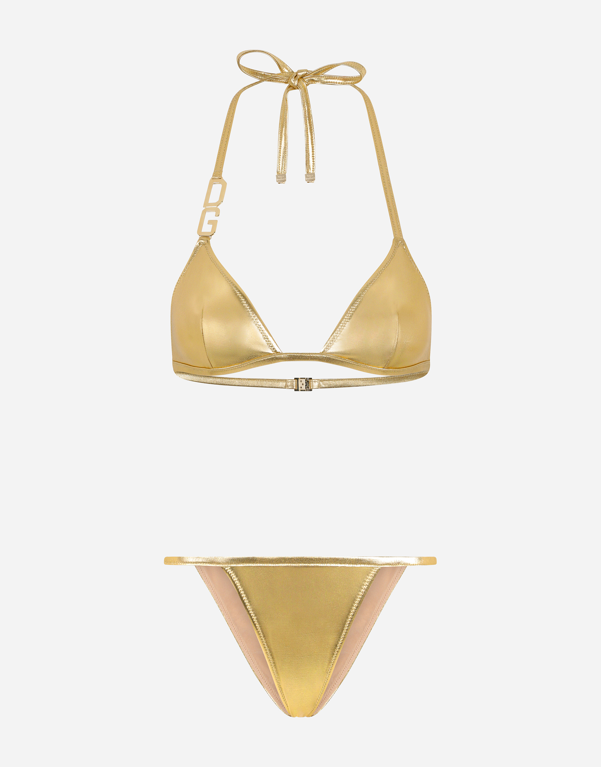Dolce & Gabbana Triangle Bikini With Dg Logo - Woman Swimwear Gold