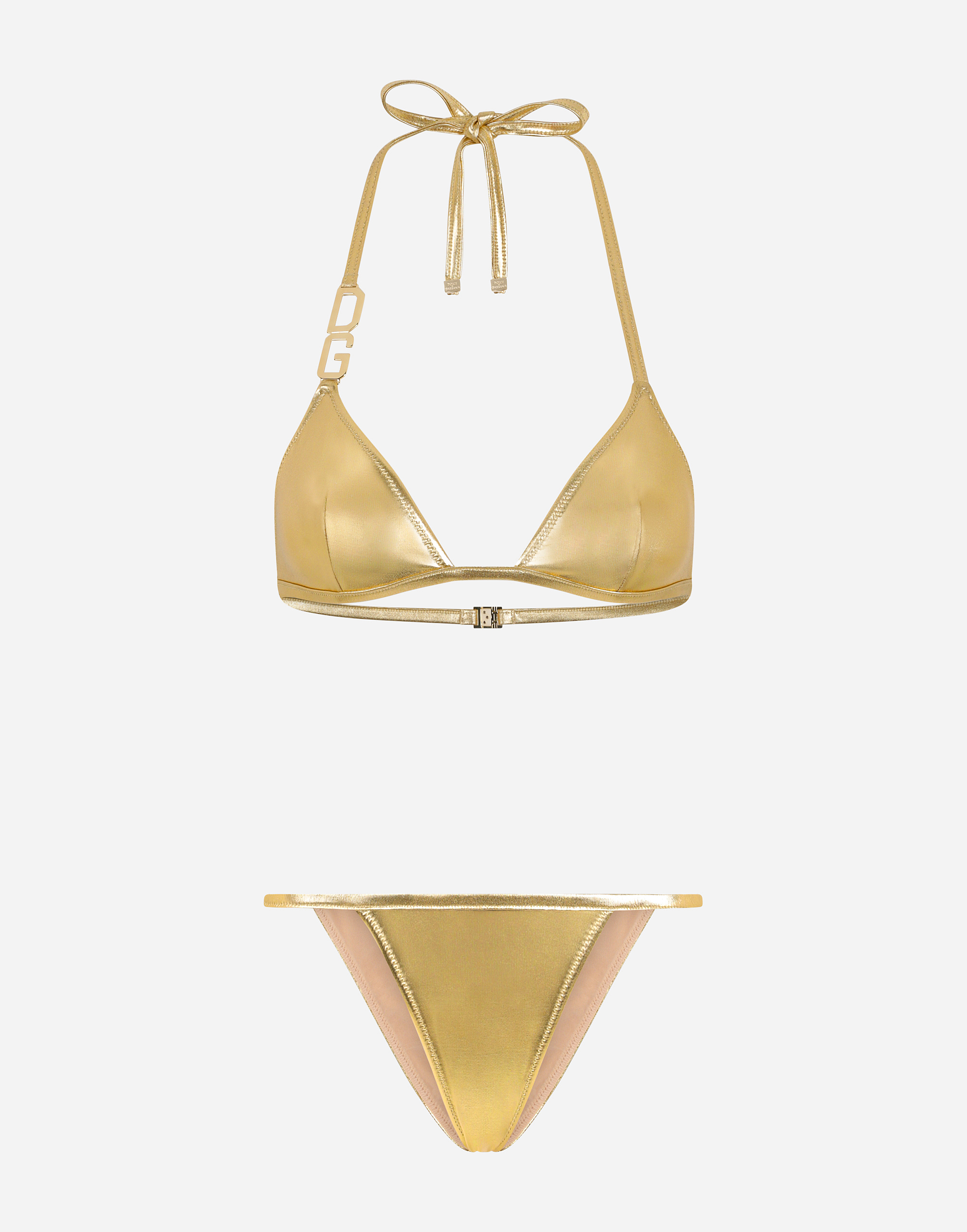 Shop Dolce & Gabbana Triangle Bikini With Dg Logo In Gold