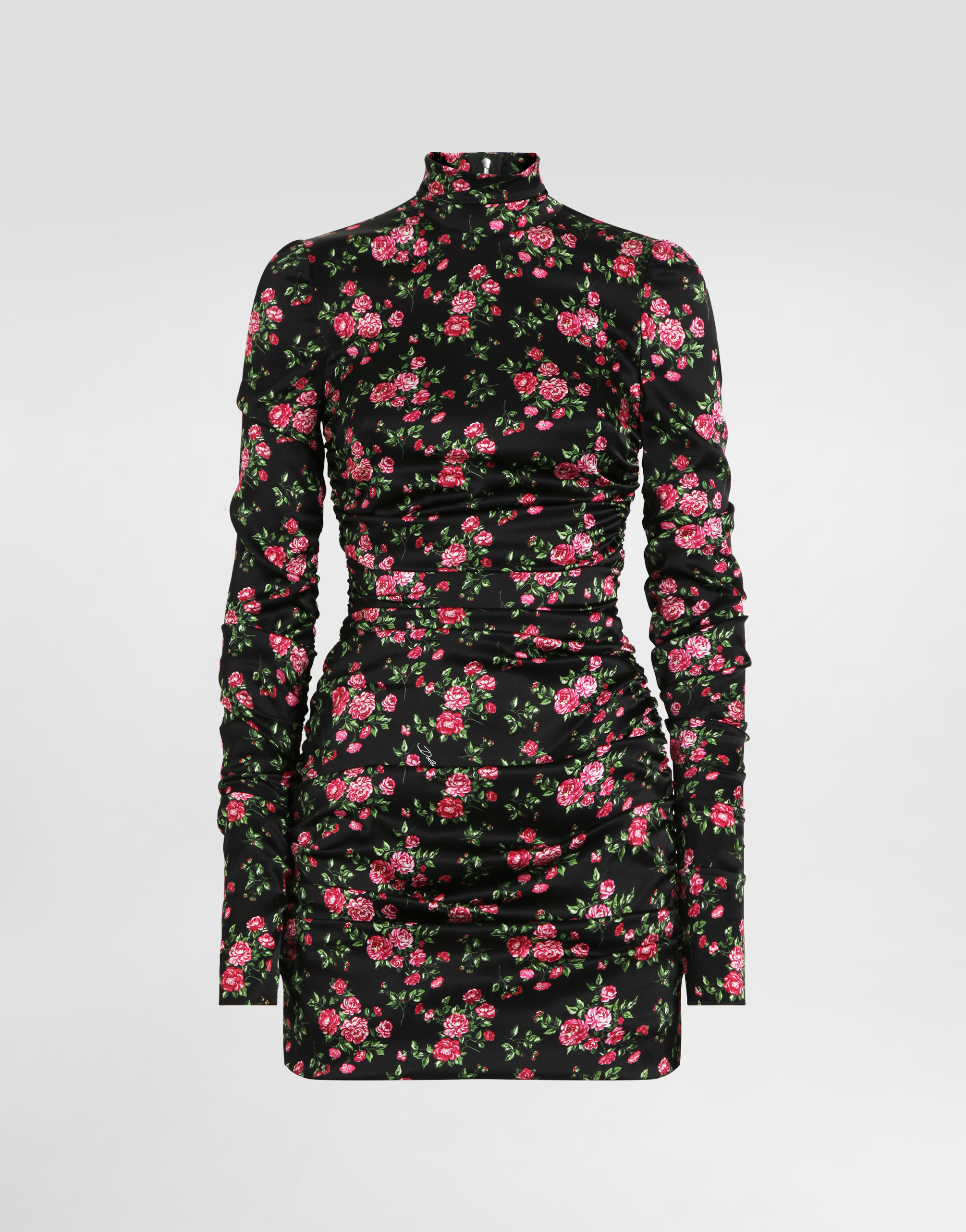 Dolce & Gabbana Black Dress With Floral Print And Side Draping In Silk Woman In Multi