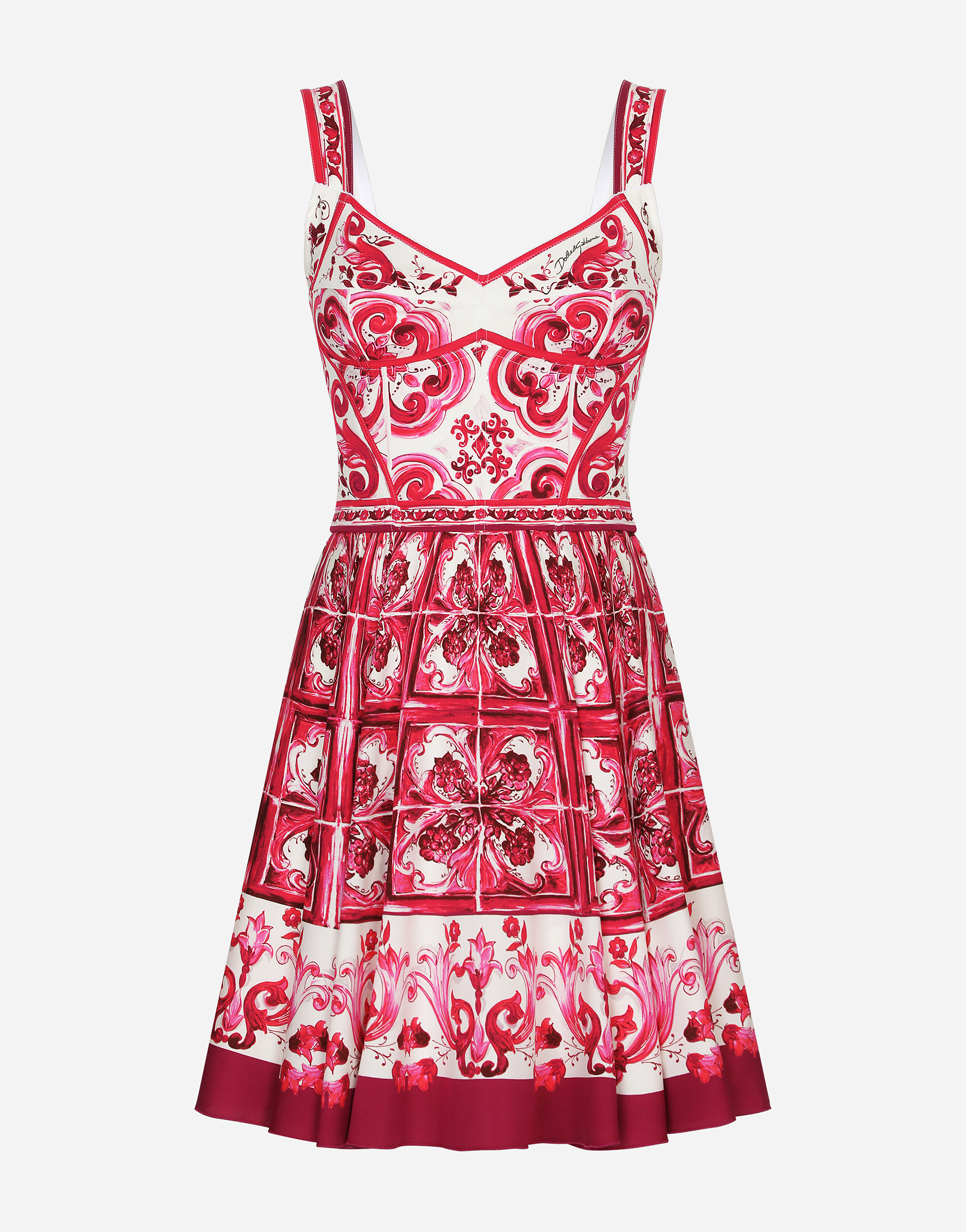 DOLCE & GABBANA SHORT MAJOLICA-PRINT CHARMEUSE BUSTIER DRESS