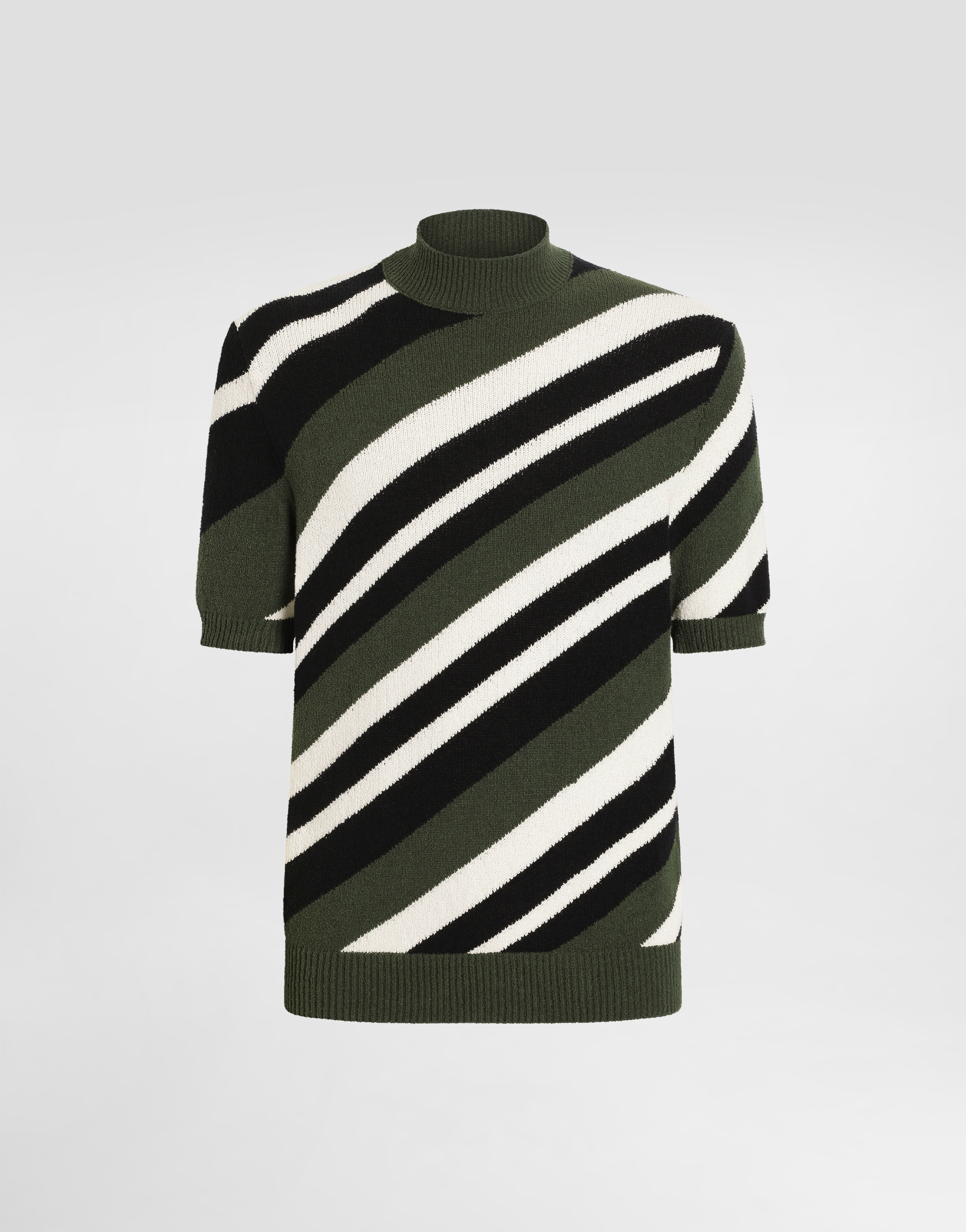 Short-sleeved cotton mock-turtleneck with striped inlay