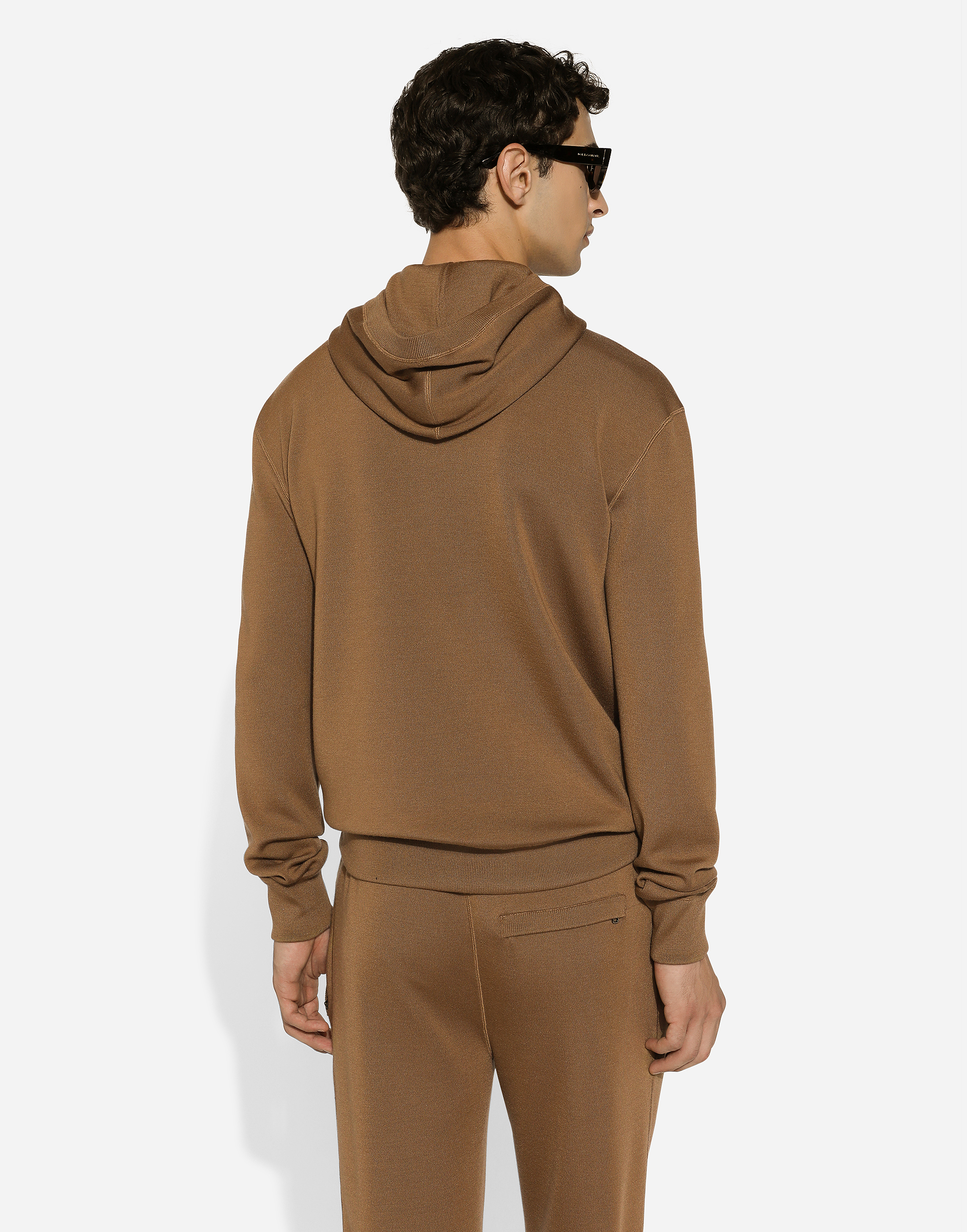 Dolce & Gabbana Wool And Silk Hoodie With Dg Patch In Beige