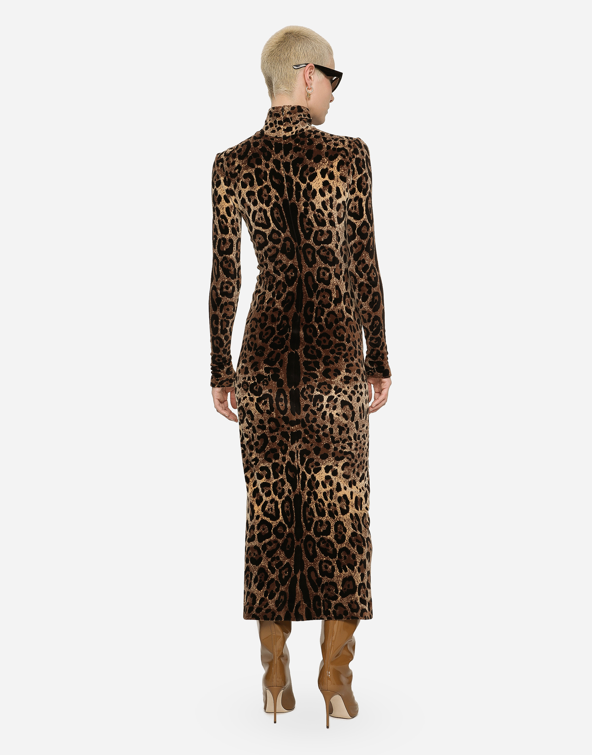 DOLCE & GABBANA LONG CHENILLE DRESS WITH JACQUARD LEOPARD DESIGN
