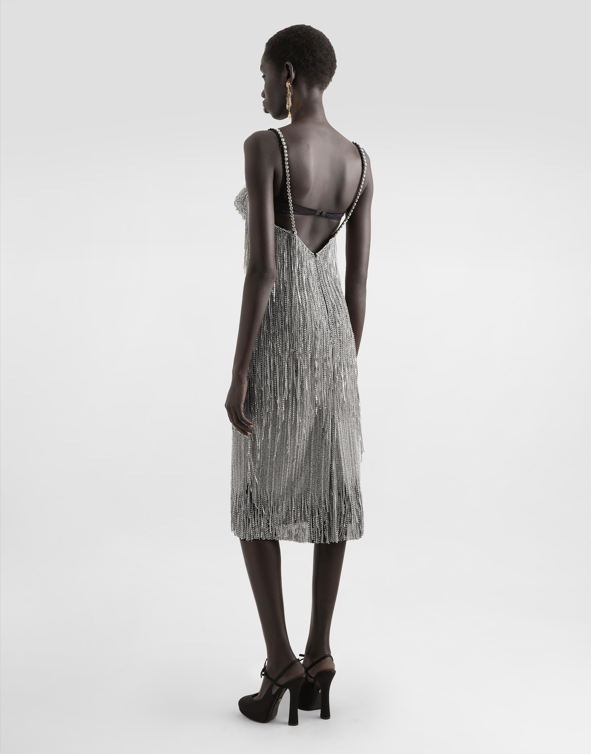 Dolce & Gabbana Marquisette Calf-length Dress With Sequined Fringing In Multicolor