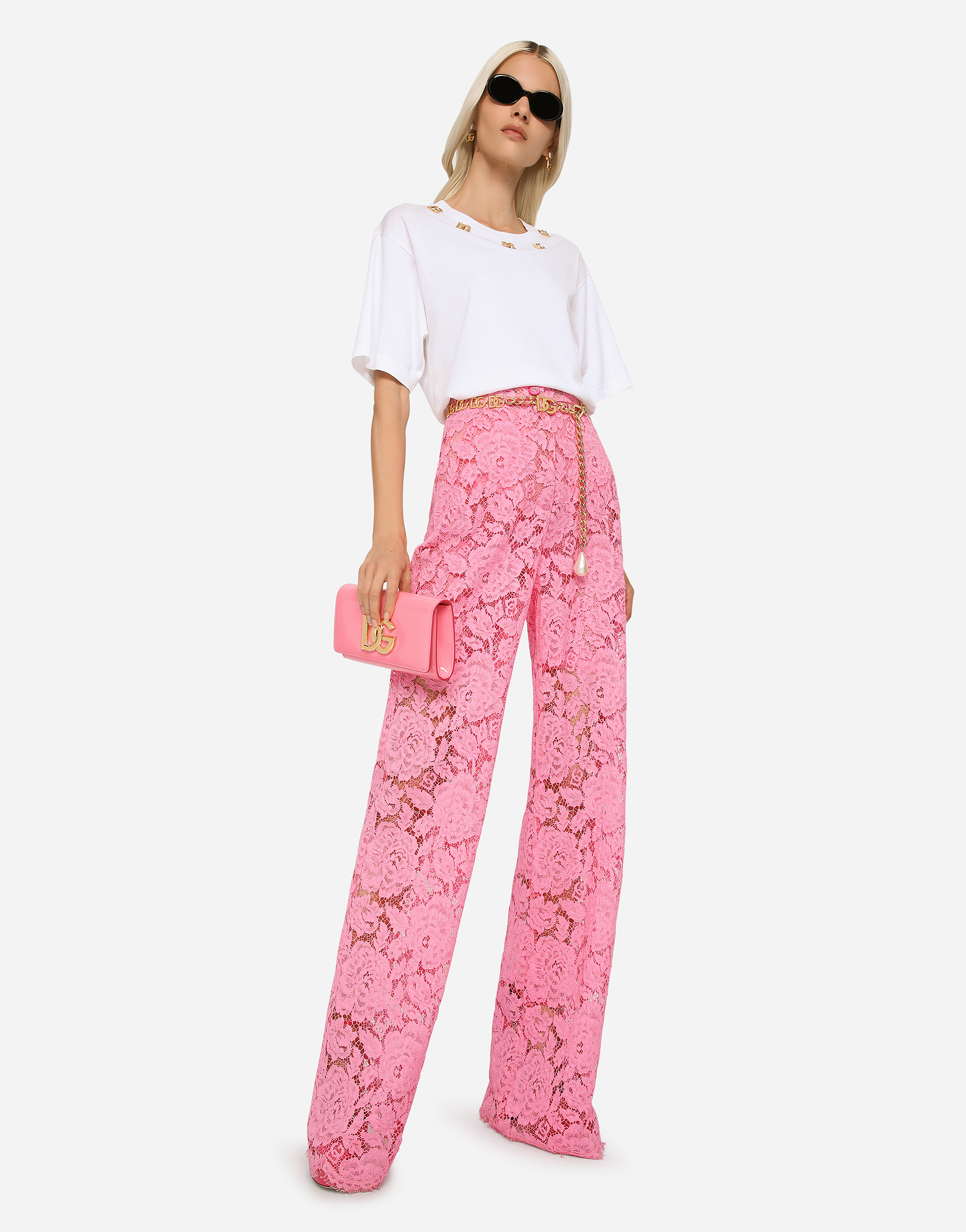 Shop Dolce & Gabbana Flared Branded Stretch Lace Pants In Pink