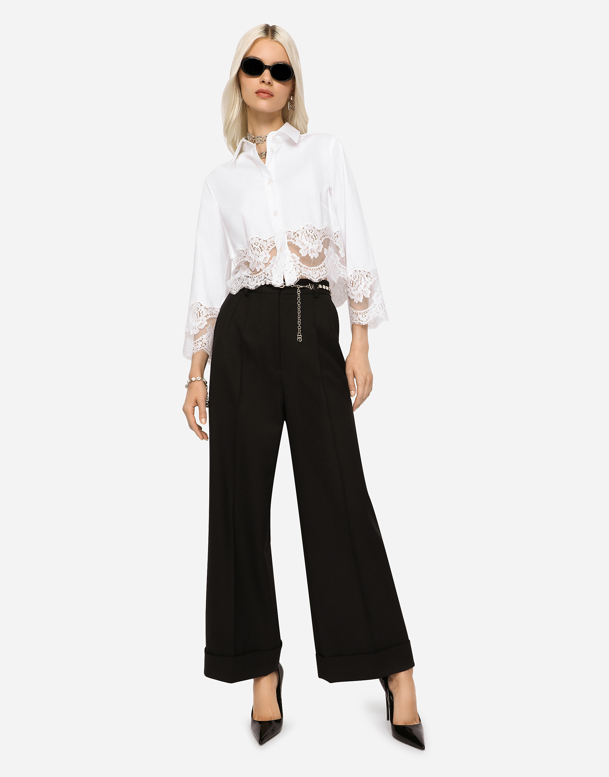 Shop Dolce & Gabbana Cropped Poplin Shirt With Lace Inserts In White