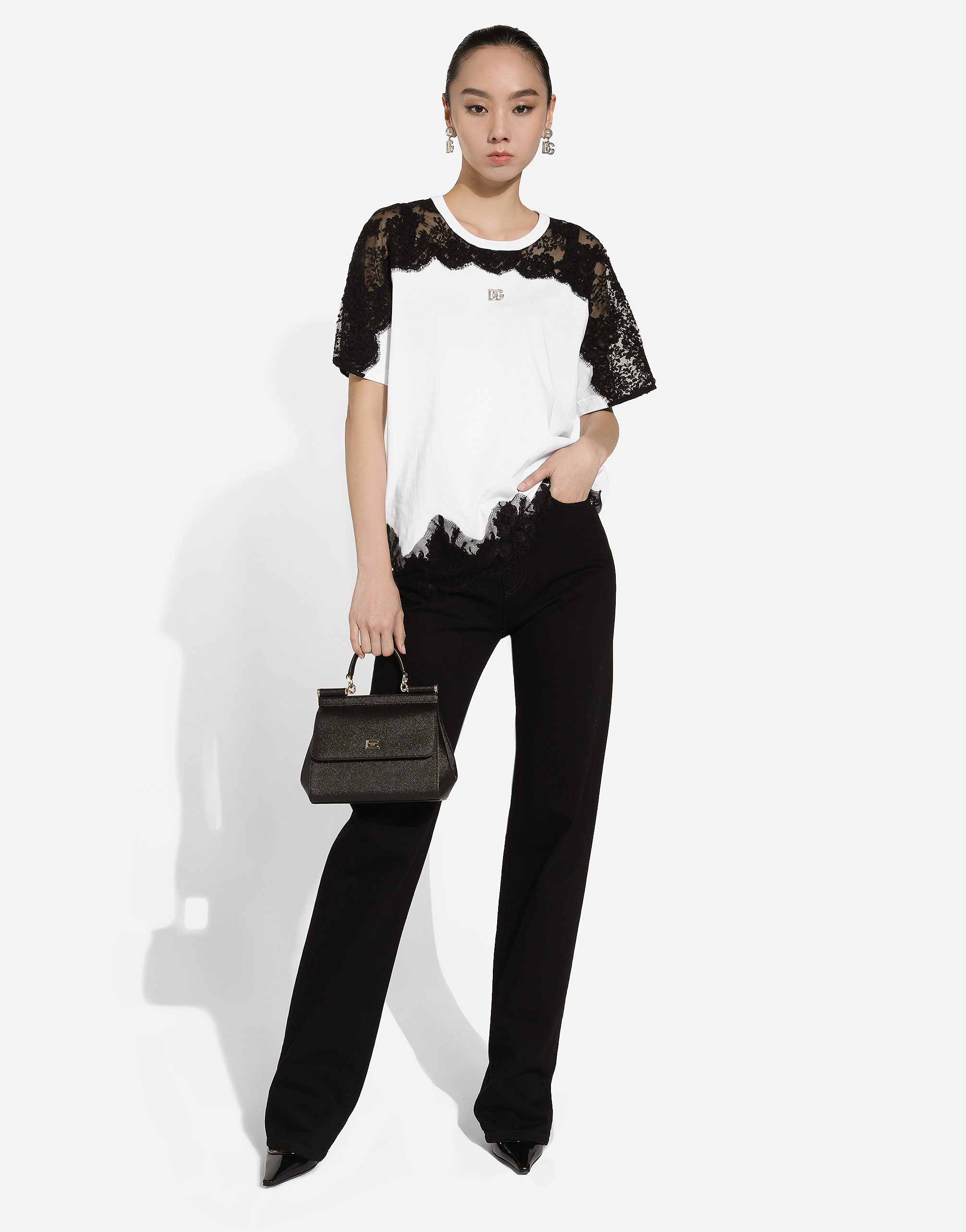 Dolce & Gabbana Jersey T-shirt With Dg Logo And Lace Inserts In White