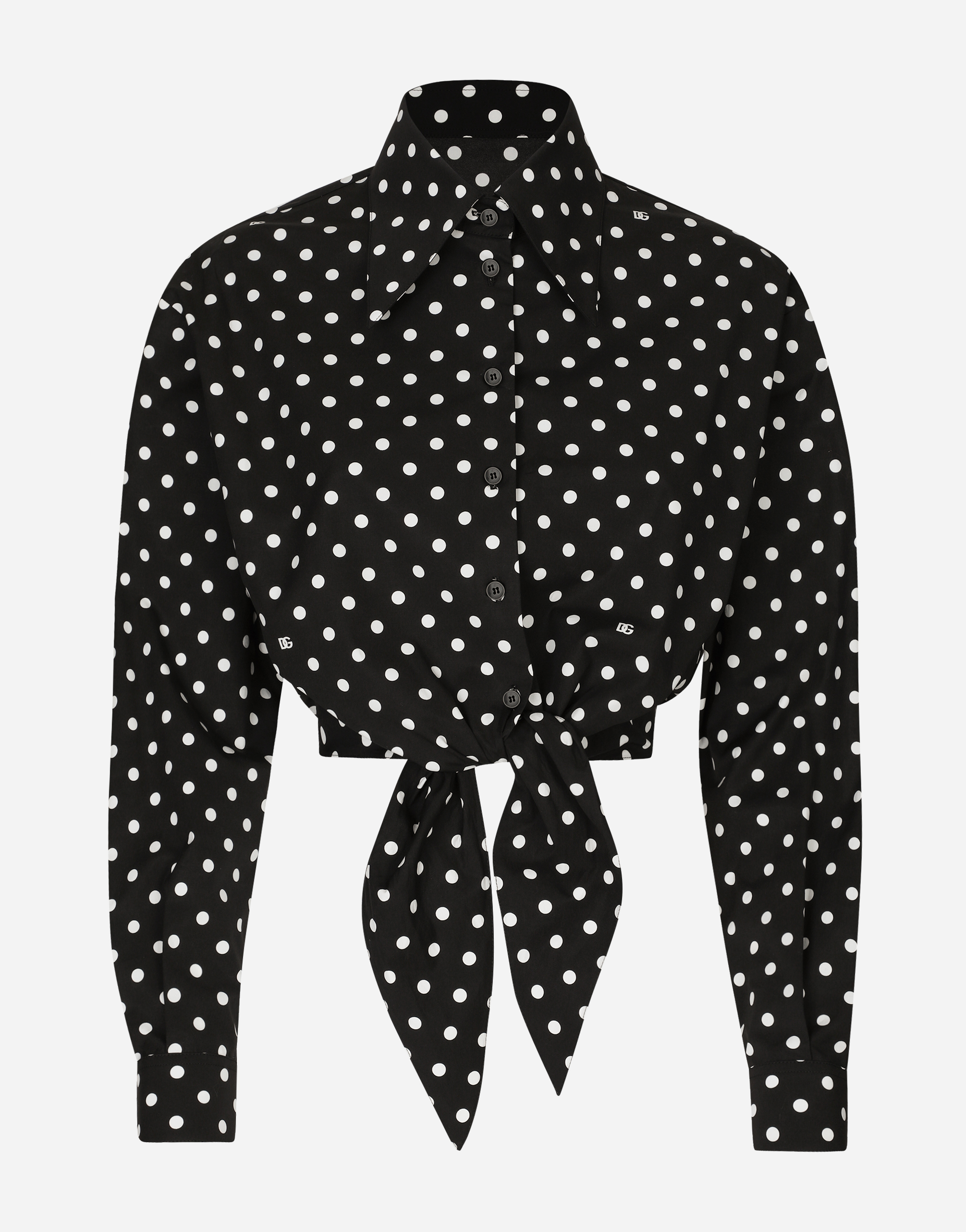 Shop Dolce & Gabbana Cropped Cotton Poplin Shirt With Knot Detail And Polka-dot Print In プリ