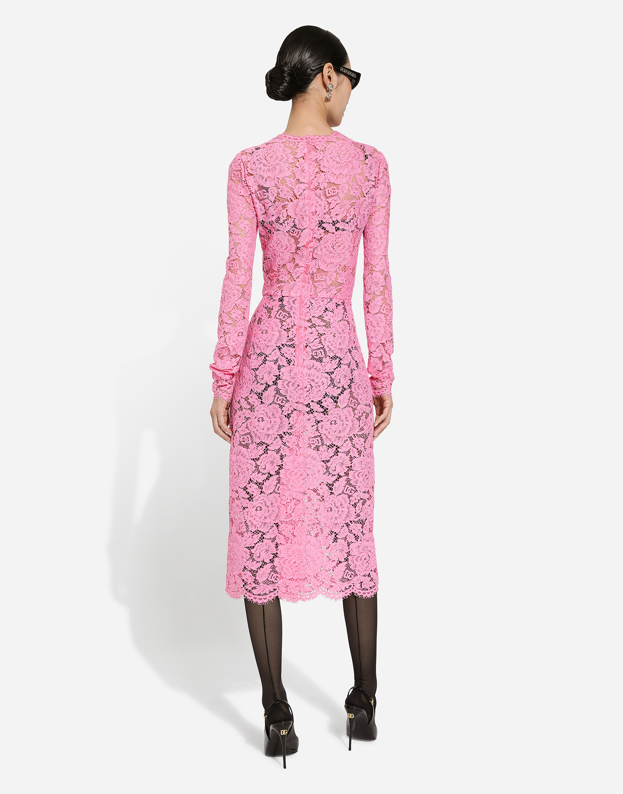 Shop Dolce & Gabbana Branded Floral Cordonetto Lace Sheath Dress In Pink