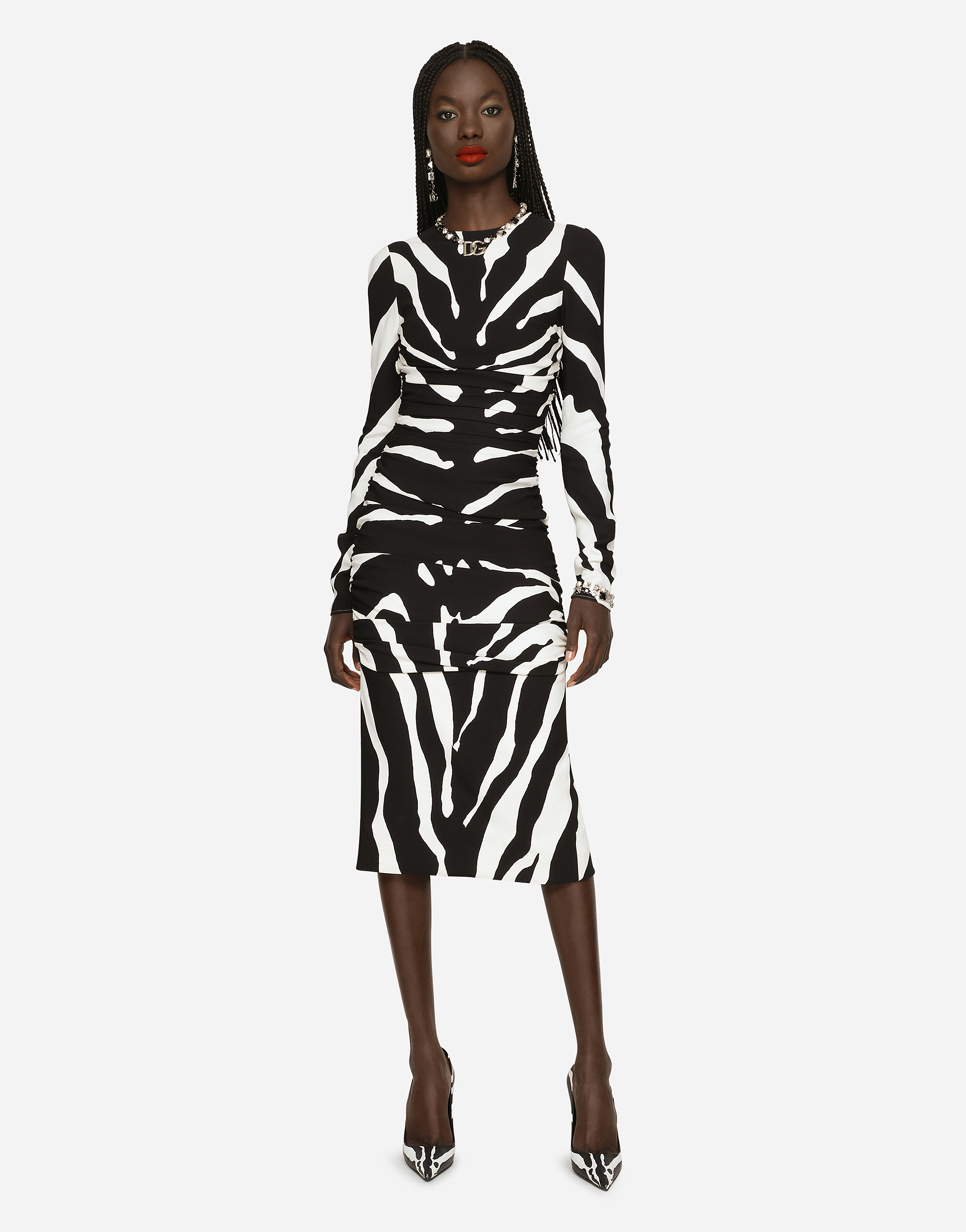 DOLCE & GABBANA ZEBRA-PRINT CADY MIDI DRESS WITH DRAPING