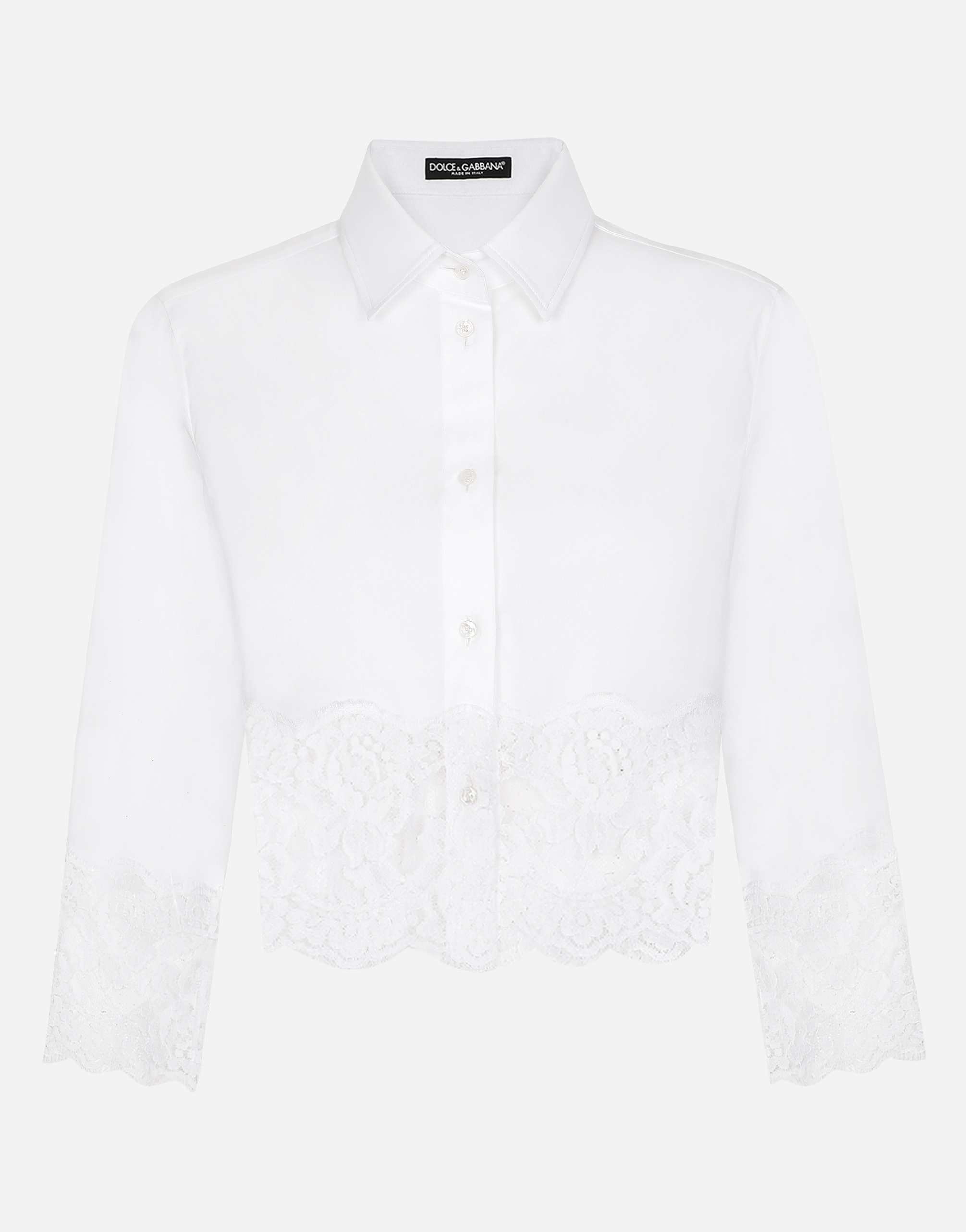 Shop Dolce & Gabbana Cropped Poplin Shirt With Lace Inserts In White