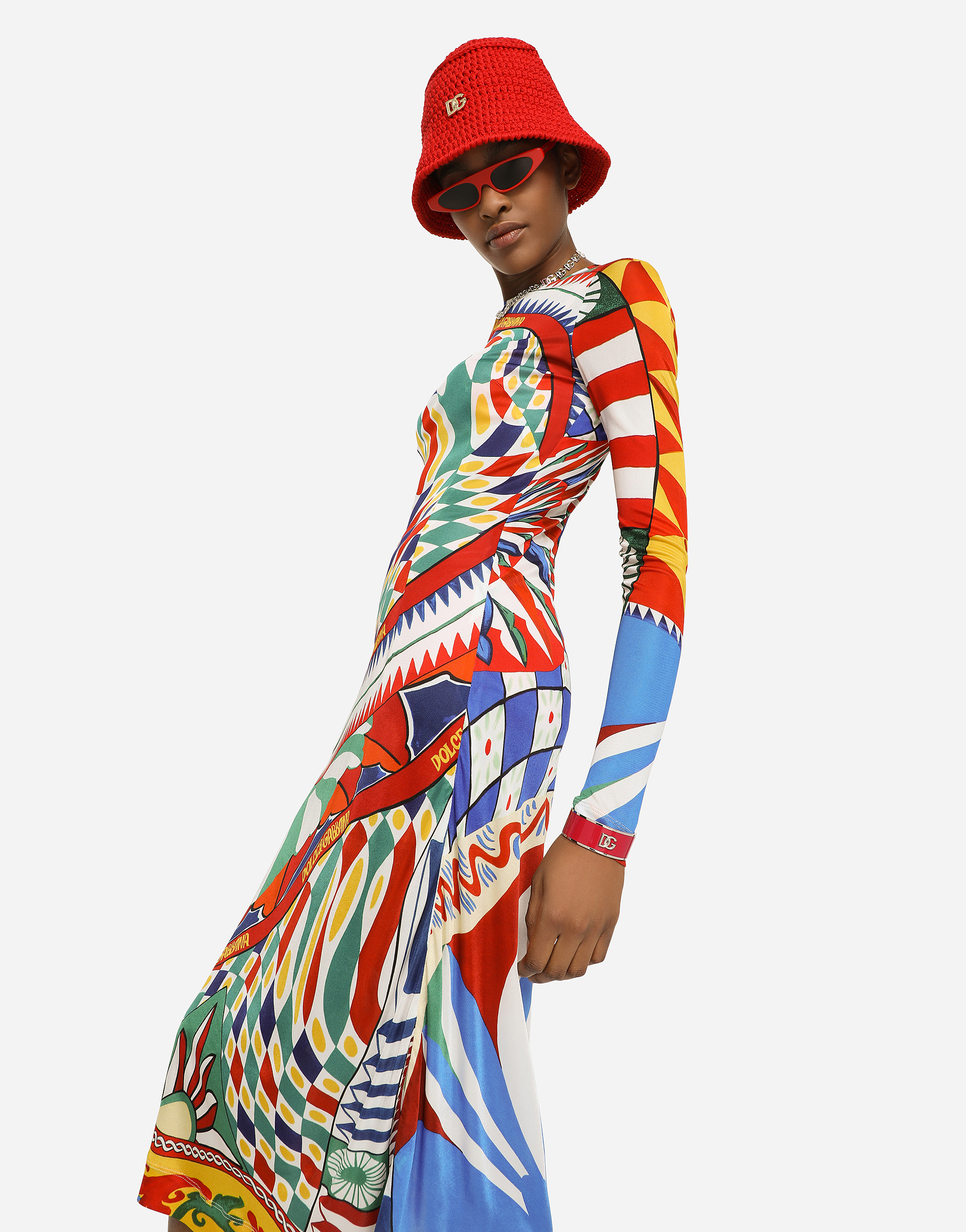 DOLCE & GABBANA CARRETTO-PRINT ORGANZINE MIDI DRESS