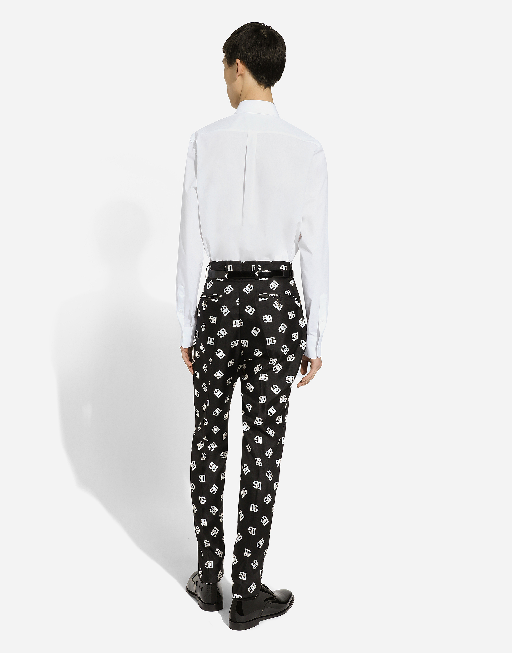DOLCE & GABBANA SILK TWILL PANTS WITH DG MONOGRAM PRINT