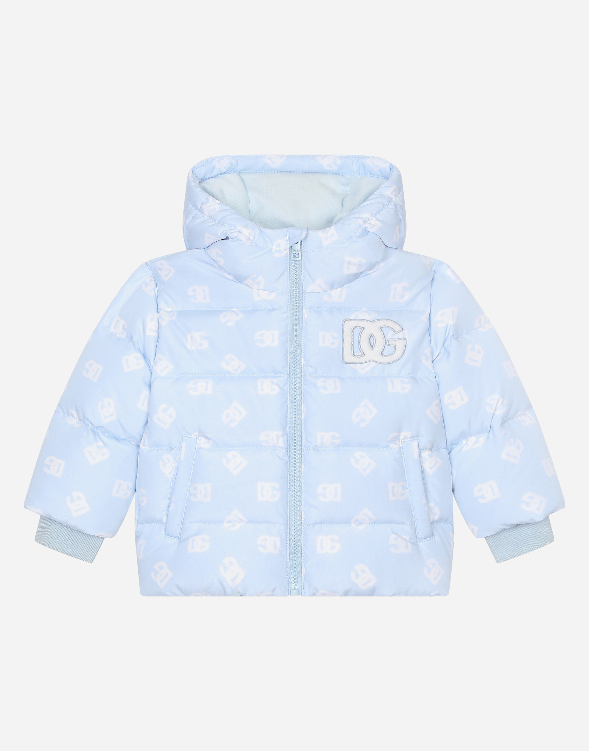 Short nylon down jacket with all-over logo print and DG