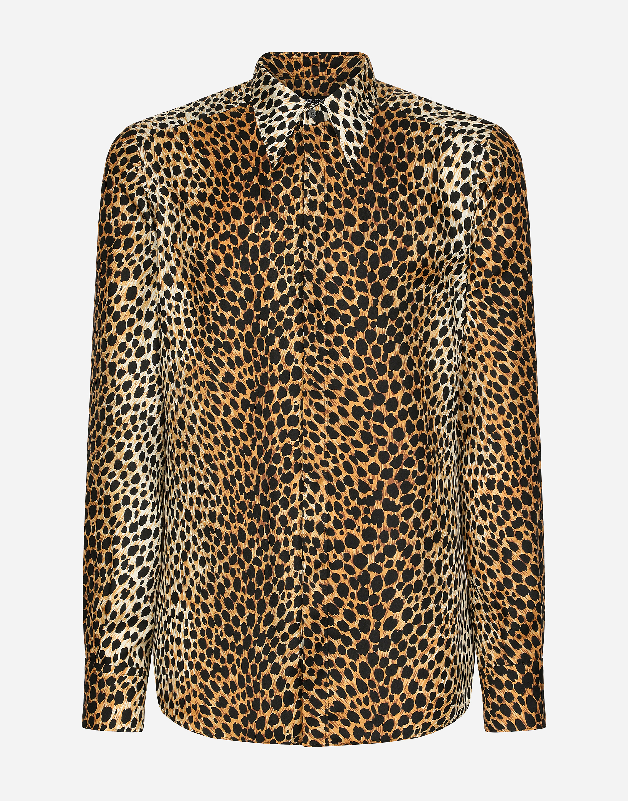 Dolce & Gabbana Silk Twill Martini-fit Shirt With Ocelot Print In Multicolor