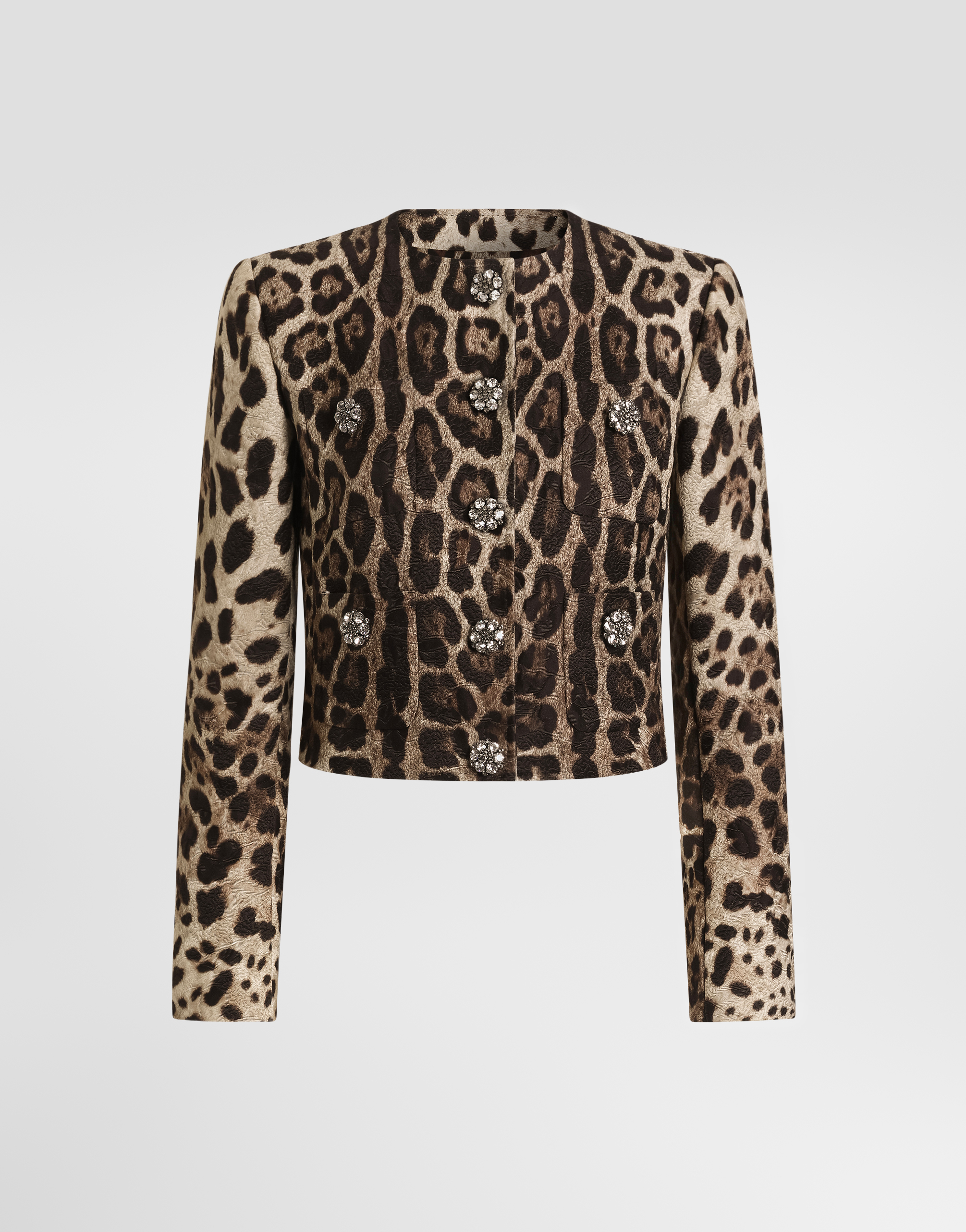 Leo-print brocade single-breasted jacket with jewel buttons in
