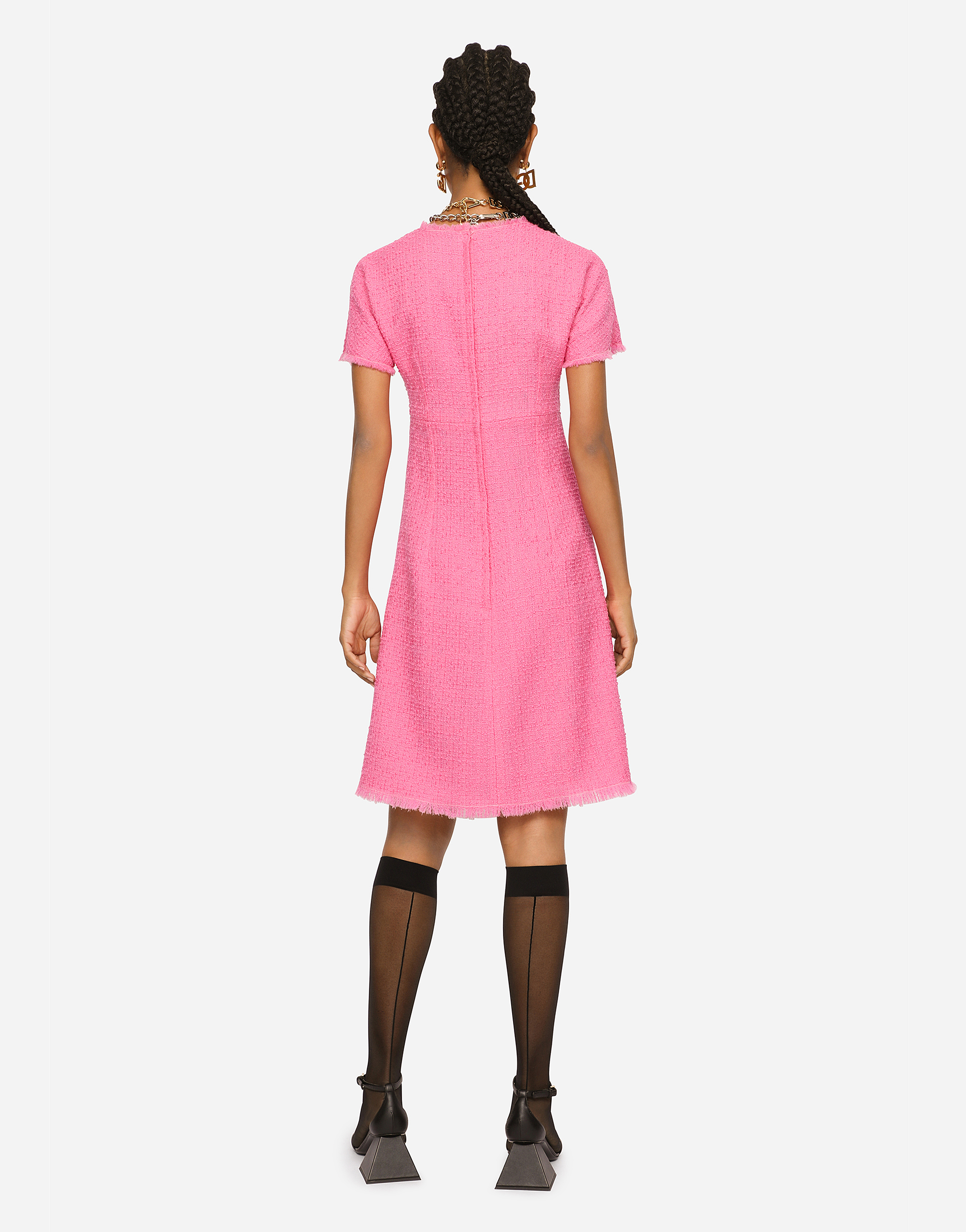 Dolce & Gabbana Raschel Tweed Calf-length Dress With Dg Logo In Pink