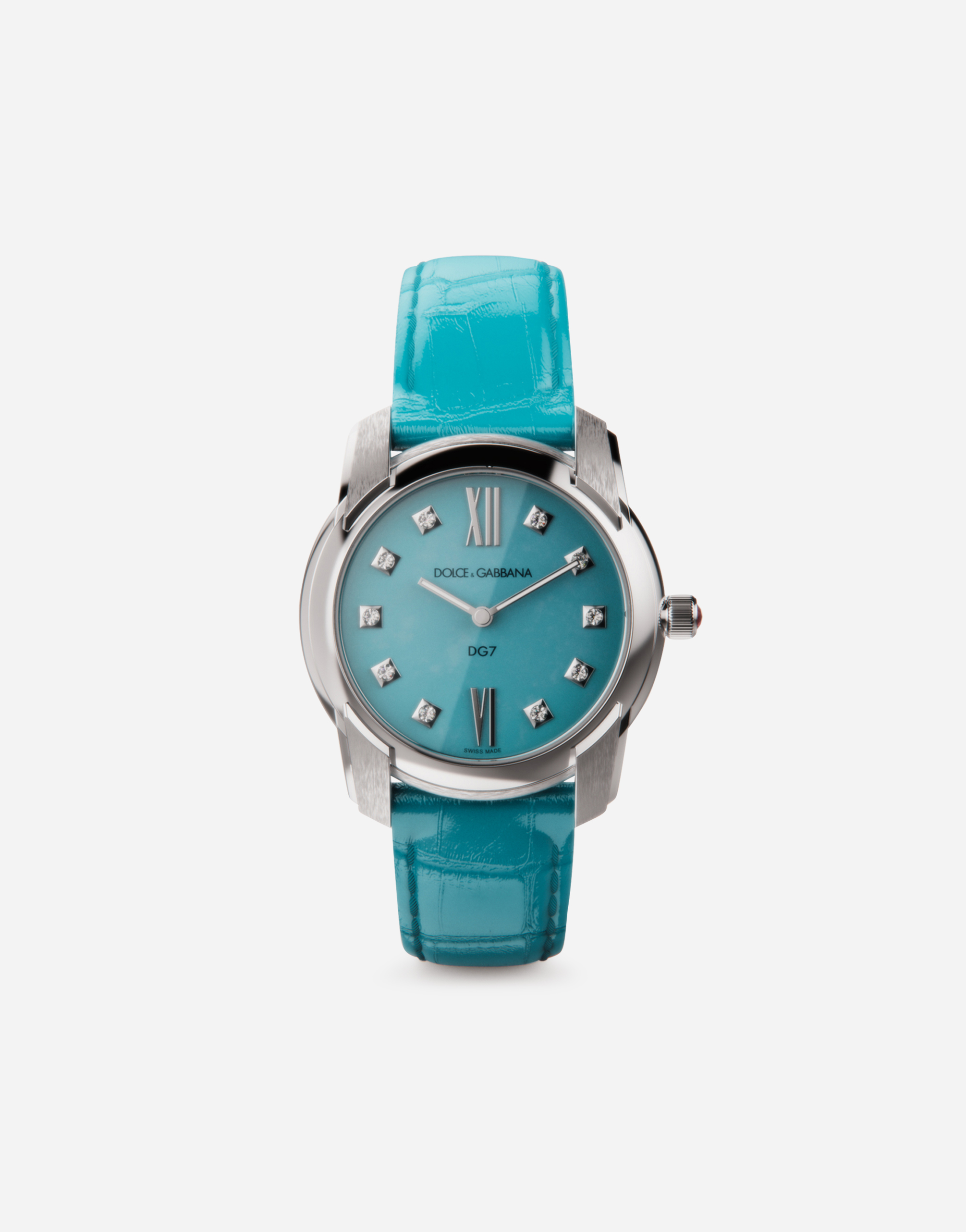 Shop Dolce & Gabbana Dg7 Watch In Steel With Turquoise And Diamonds In Light Blue