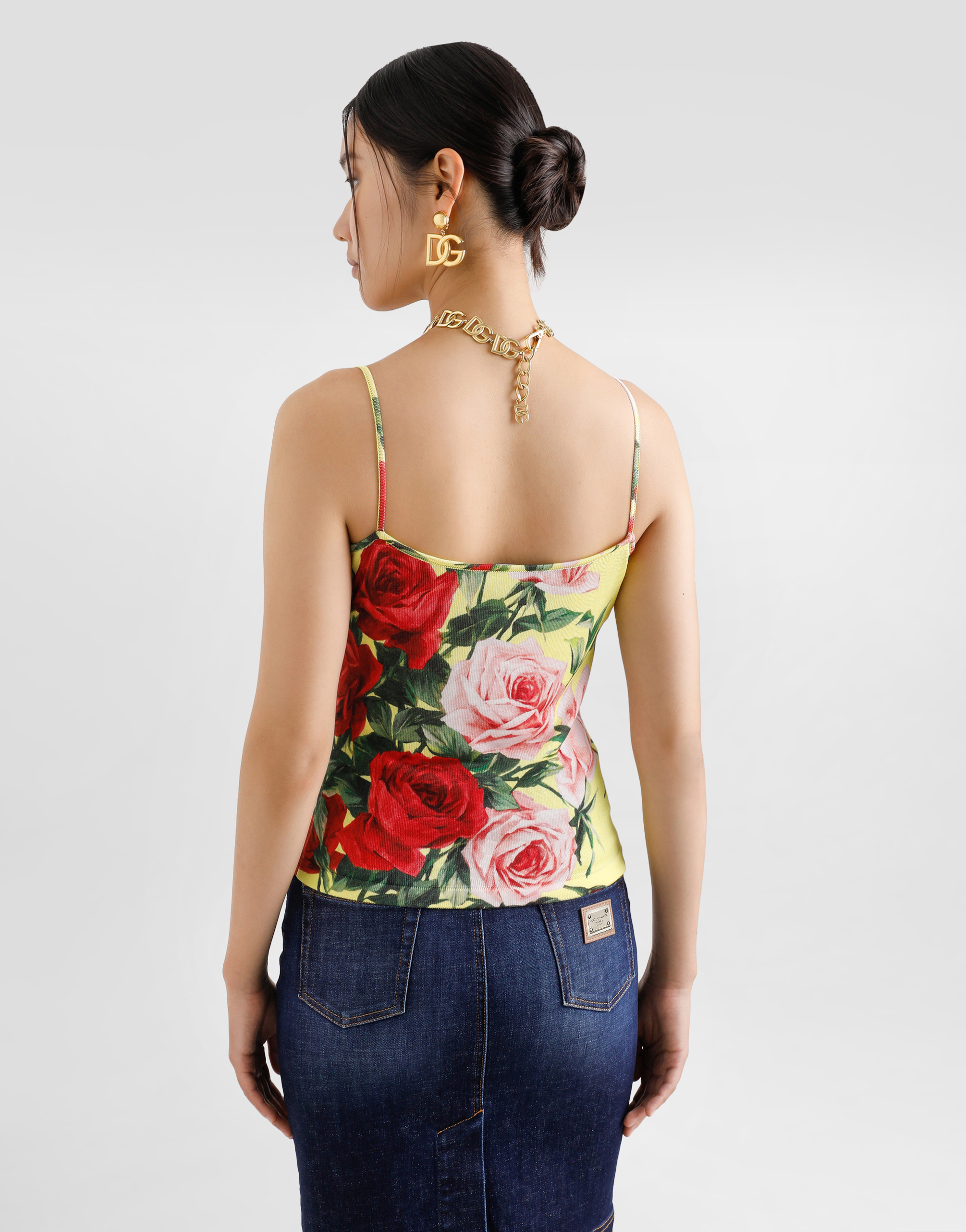 Silk knit tank top with bouquet print