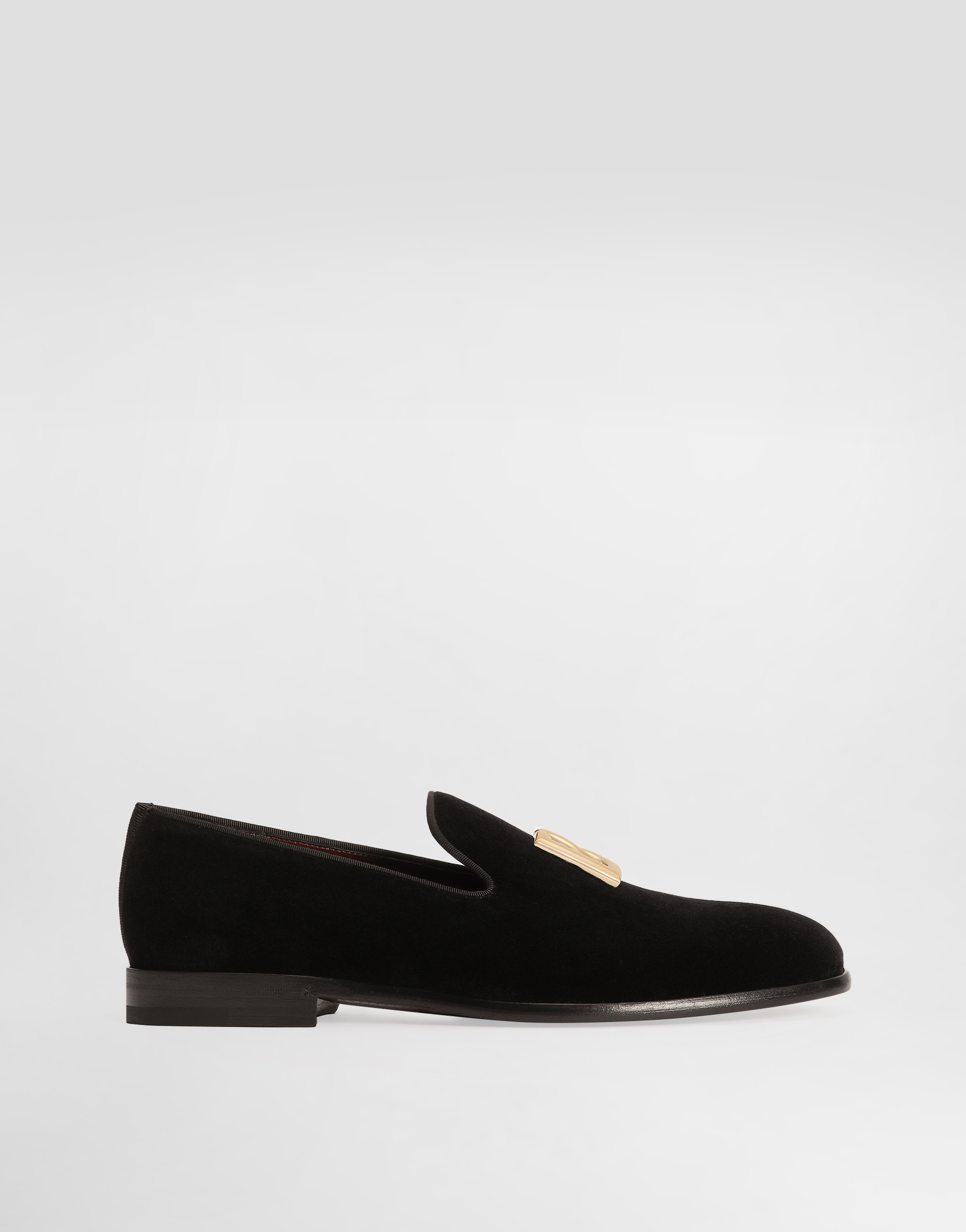Dolce & Gabbana Male Velvet Slippers With Dg Logo - Man Driver Shoes And Loafers Velvet Black Size 43.5