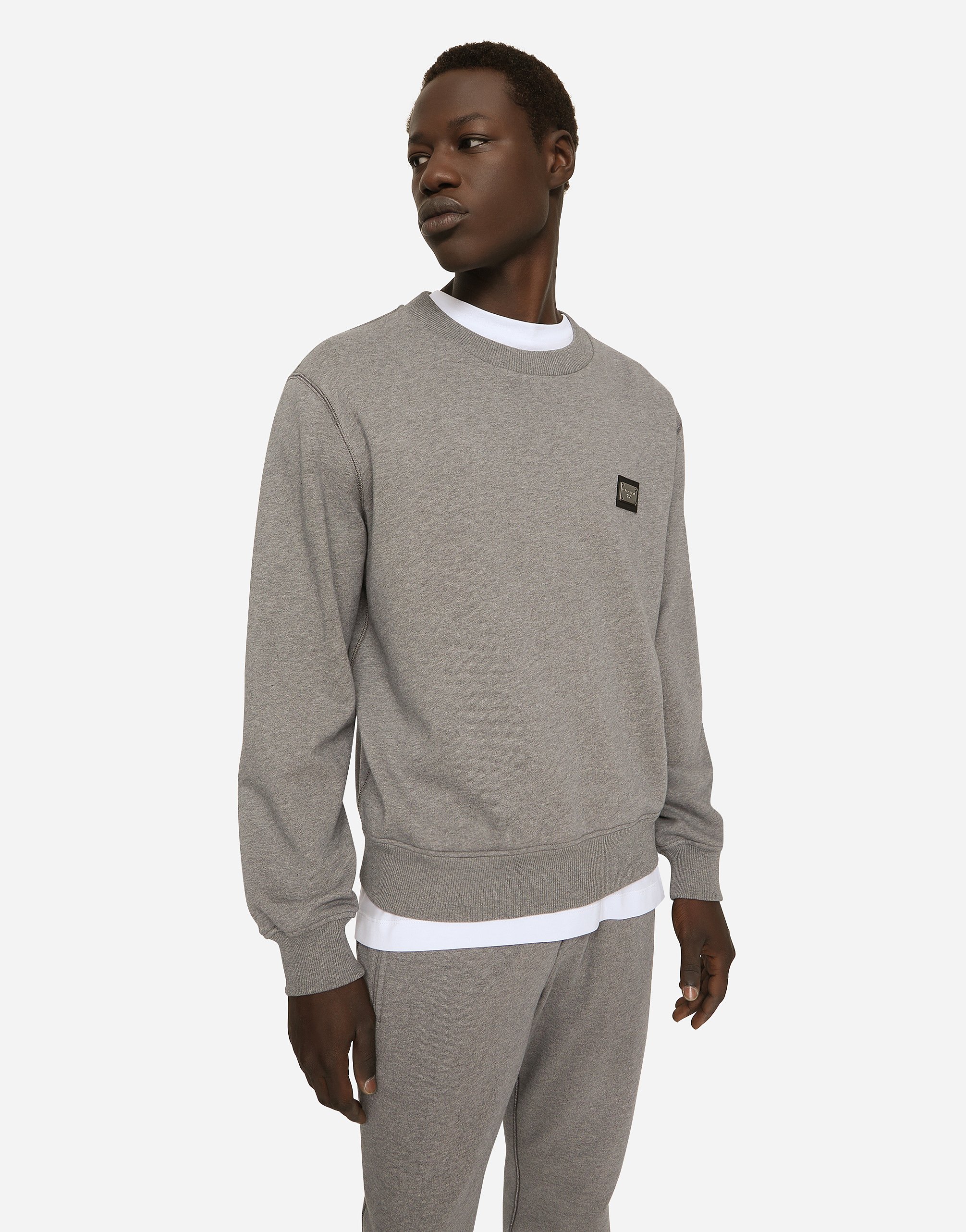 Shop Dolce & Gabbana Jersey Sweatshirt With Branded Tag In Grey