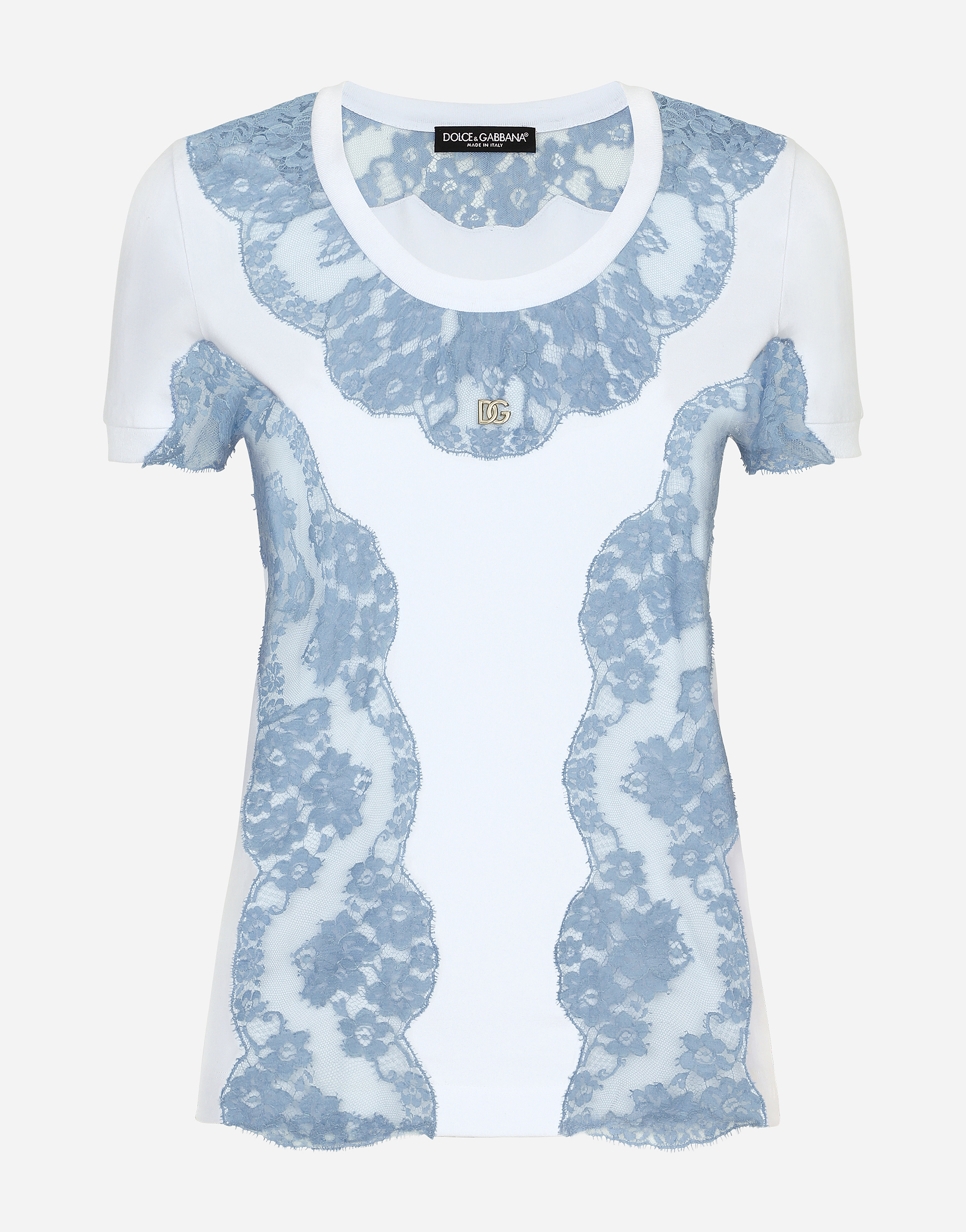 Dolce & Gabbana Jersey T-shirt With Lace Inserts And Dg Logo In White