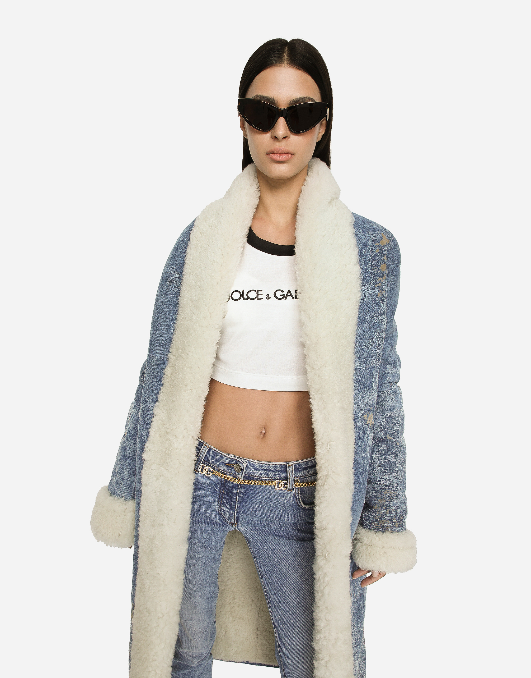 DOLCE & GABBANA DENIM AND SHEEPSKIN COAT