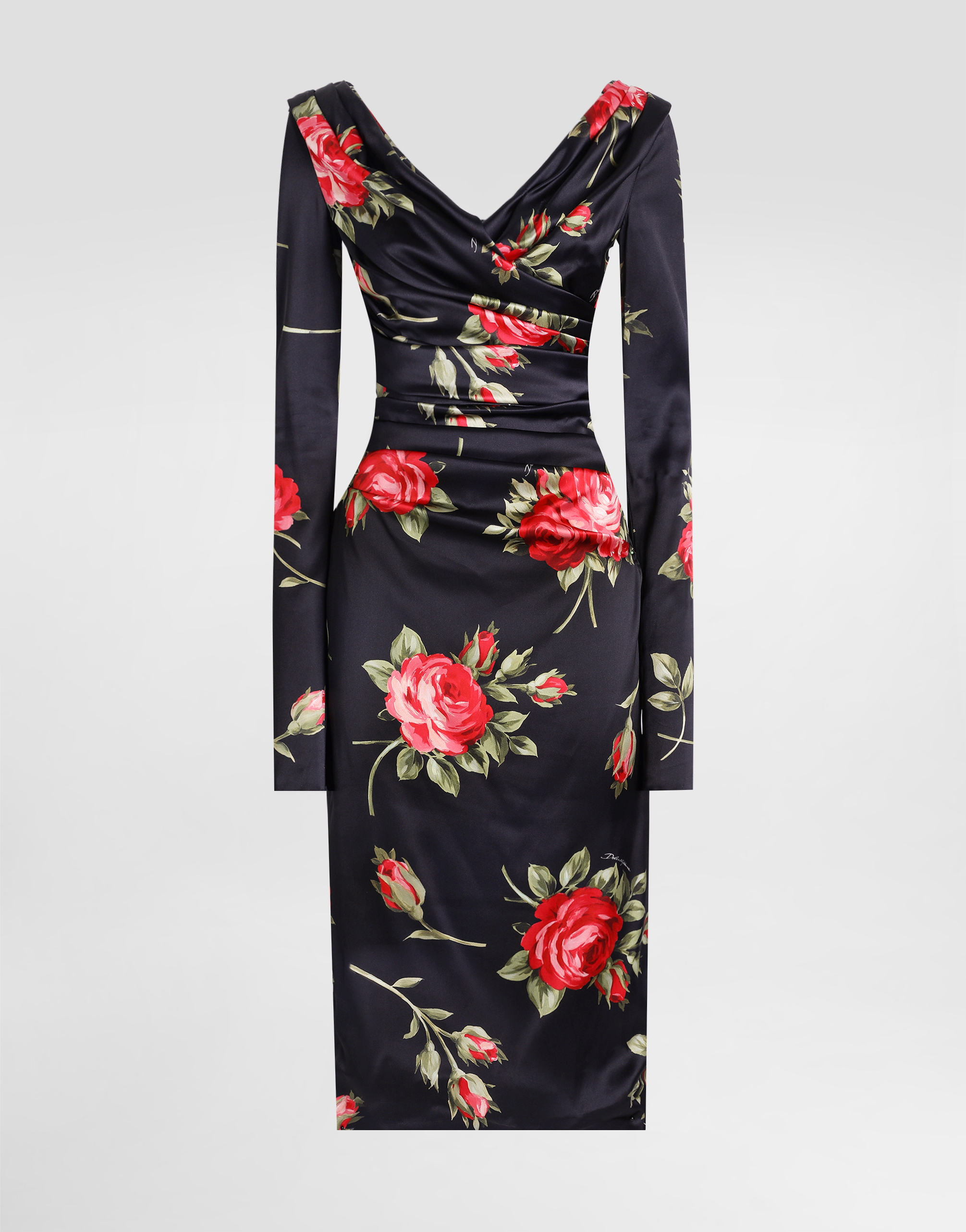 Rose bouquet-print draped satin dress in Multicolor for Women