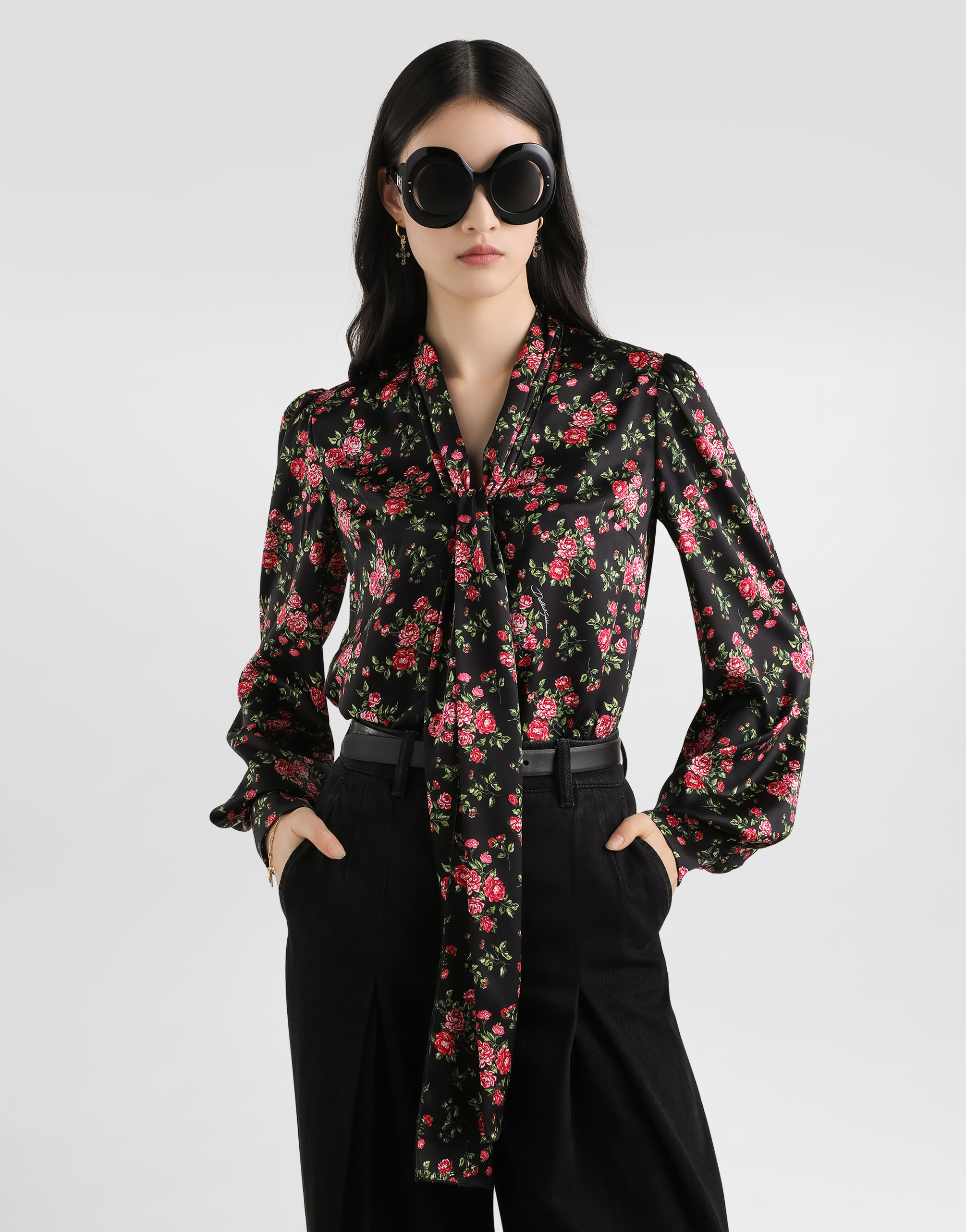 Dolce & Gabbana Small Rose Bouquet-print Satin Shirt In Multi