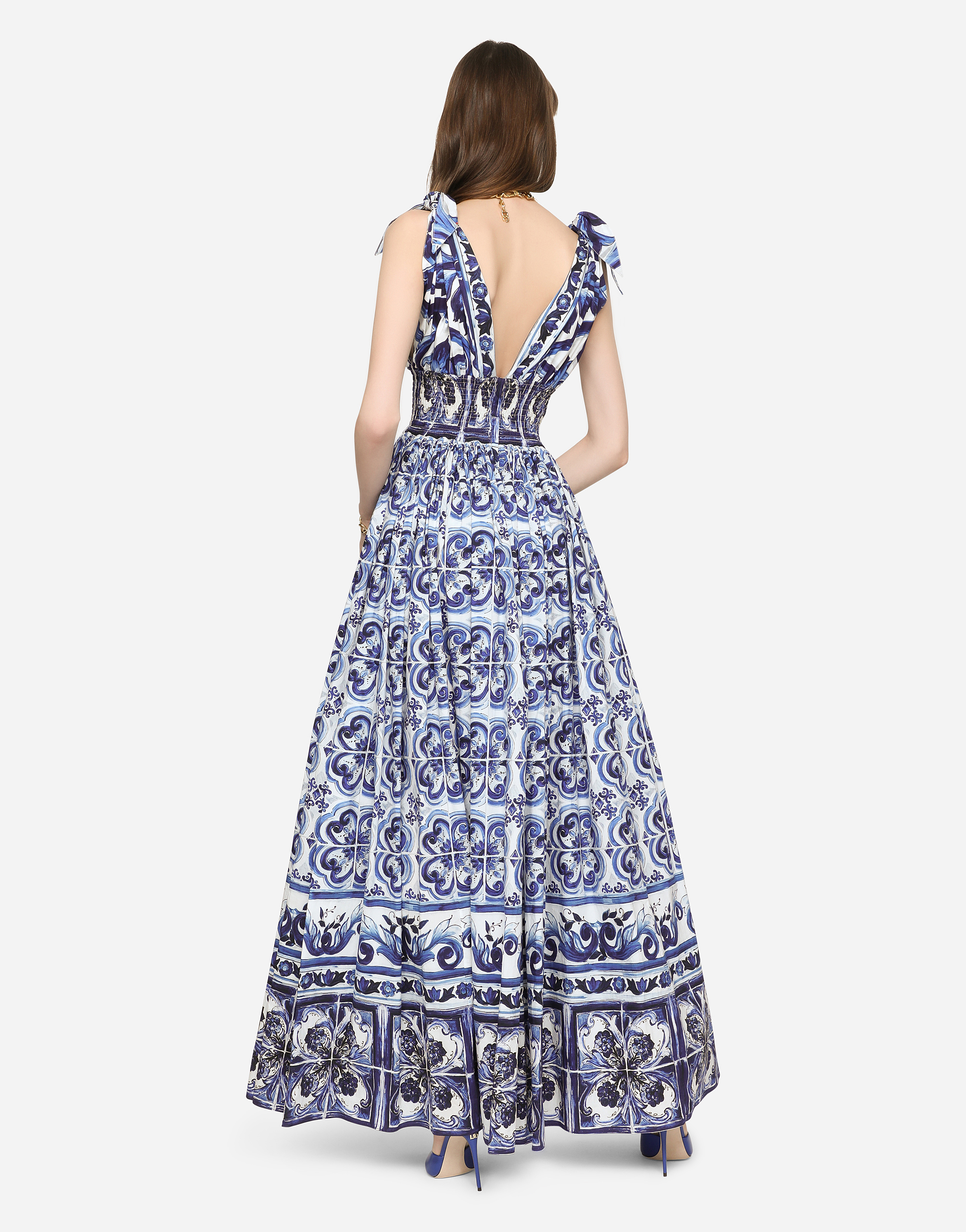 Long majolica-print poplin dress