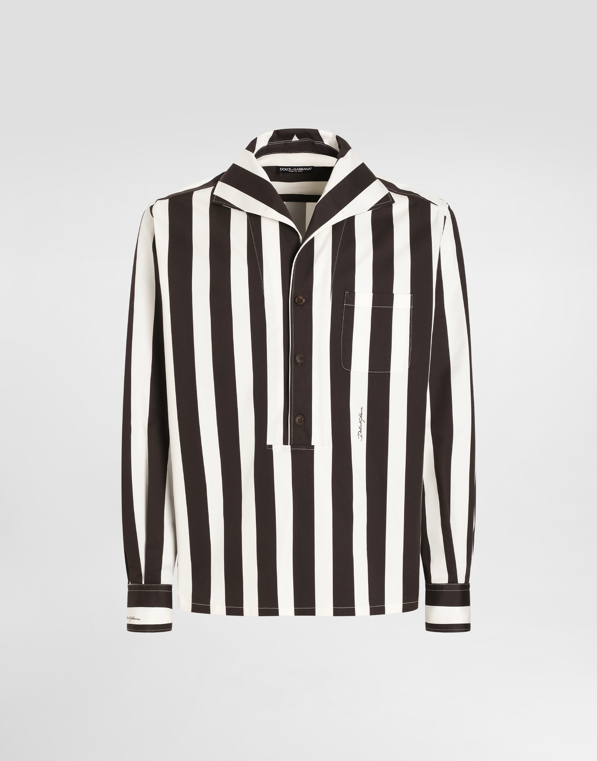 Dolce & Gabbana Three-button Long-sleeved Shirt In Striped Cotton Drill In Multicolor