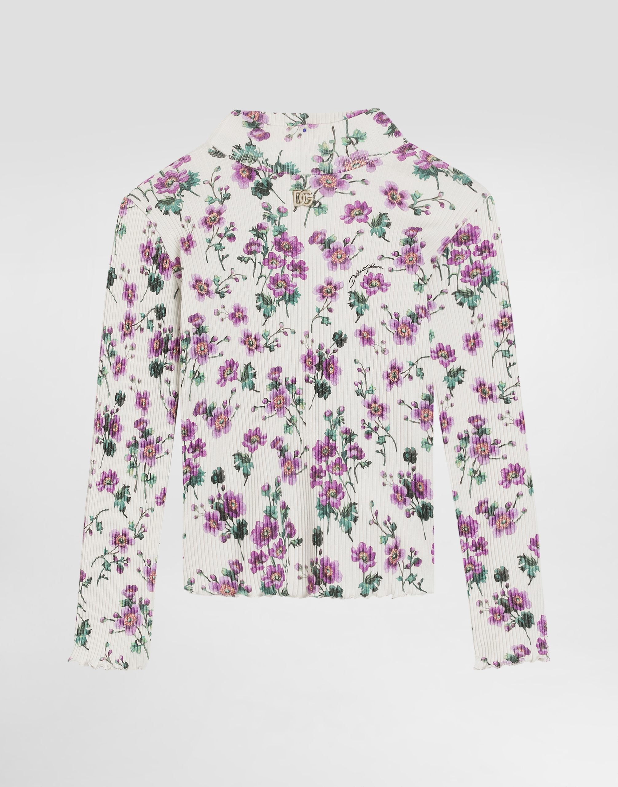 Dolce & Gabbana Ribbed Turtleneck With Violets-print In Multi