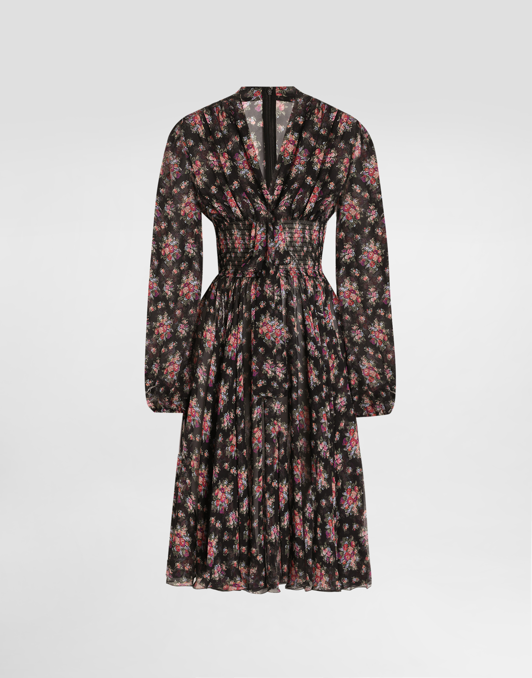 Dolce & Gabbana Small Flower Bouquets-print Chiffon Dress In Black