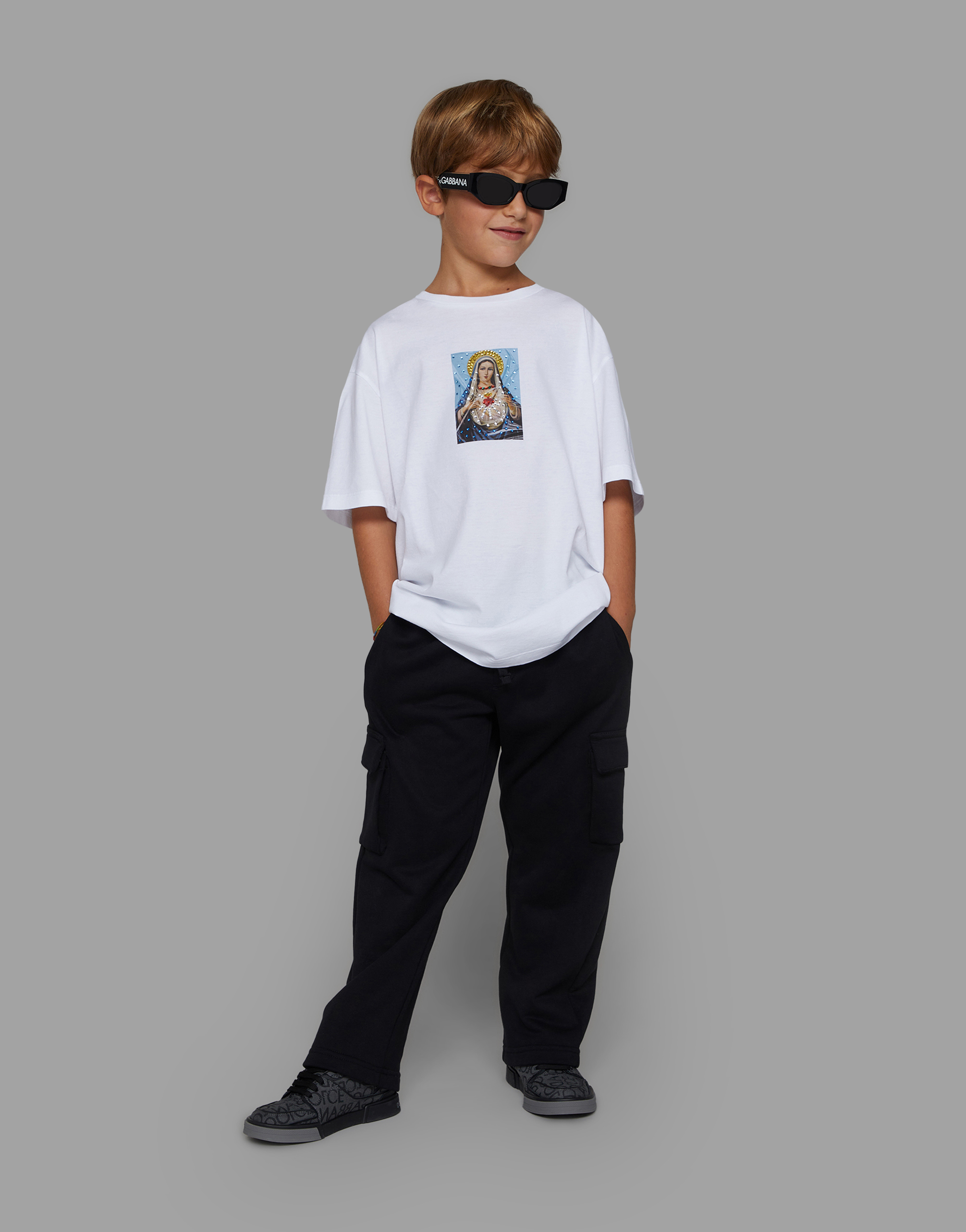 DOLCE & GABBANA SHORT-SLEEVED JERSEY T-SHIRT WITH FUSIBLE RHINESTONES AND PRINT