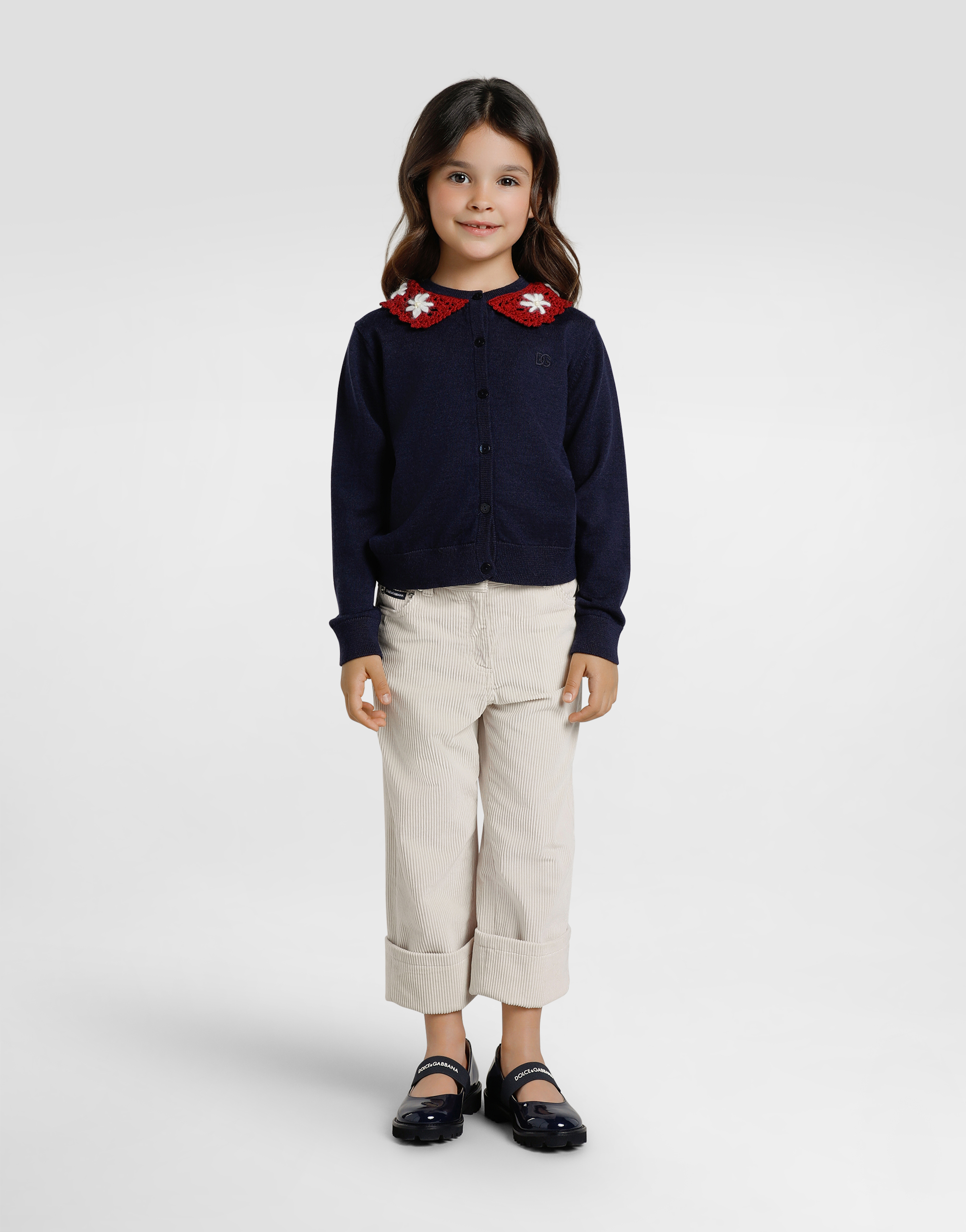 Dolce & Gabbana Wool Cardigan With Embroidered Crochet Collar In Blue