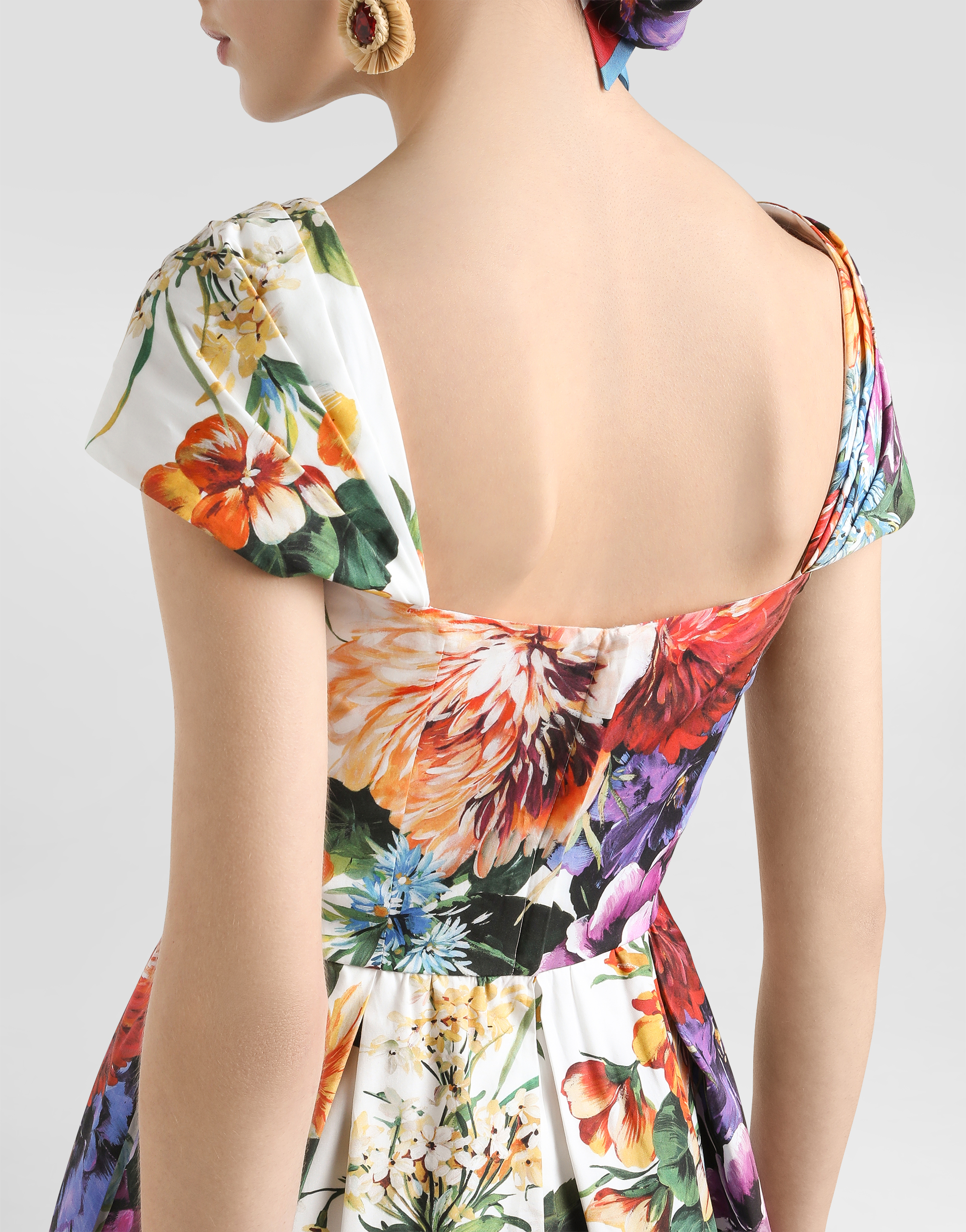 Dolce & Gabbana Floral Bouquet Popeline Cap-sleeve Pleated Dress In Multi