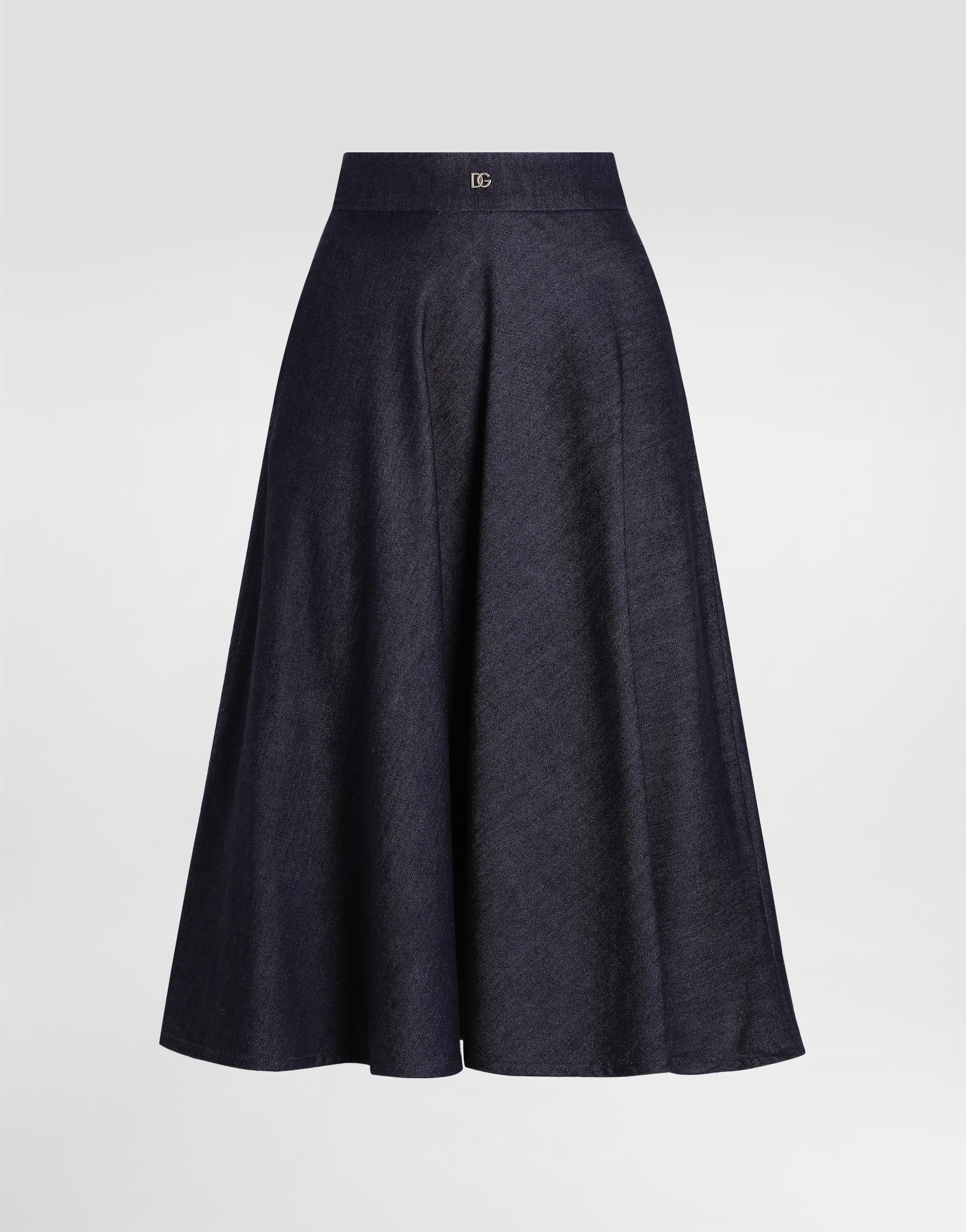 Dolce & Gabbana Denim Calf-length Circle Skirt With Dg Logo Pin In Multicolor