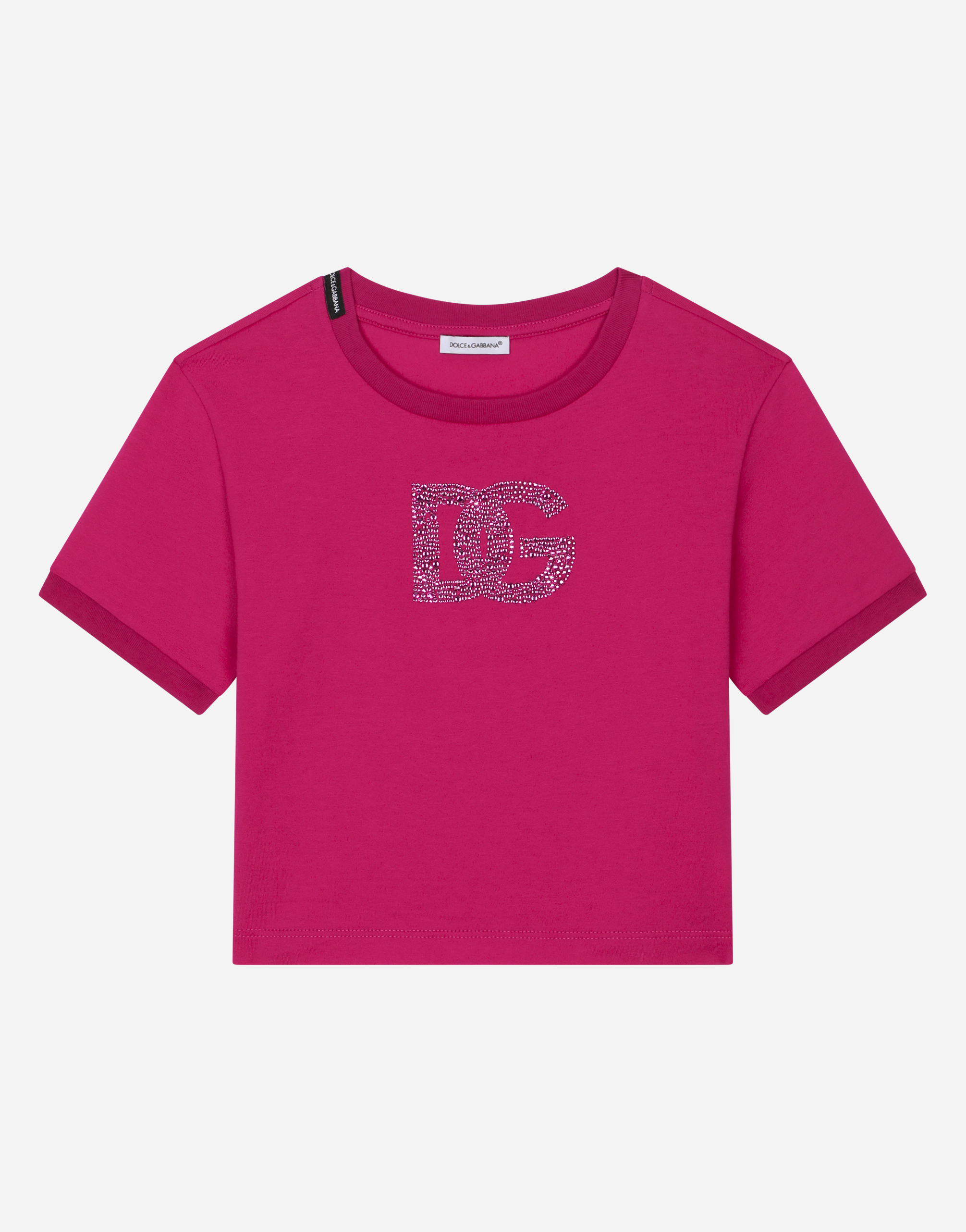 Dolce & Gabbana Jersey T-shirt With Rhinestone Logo In Fuchsia