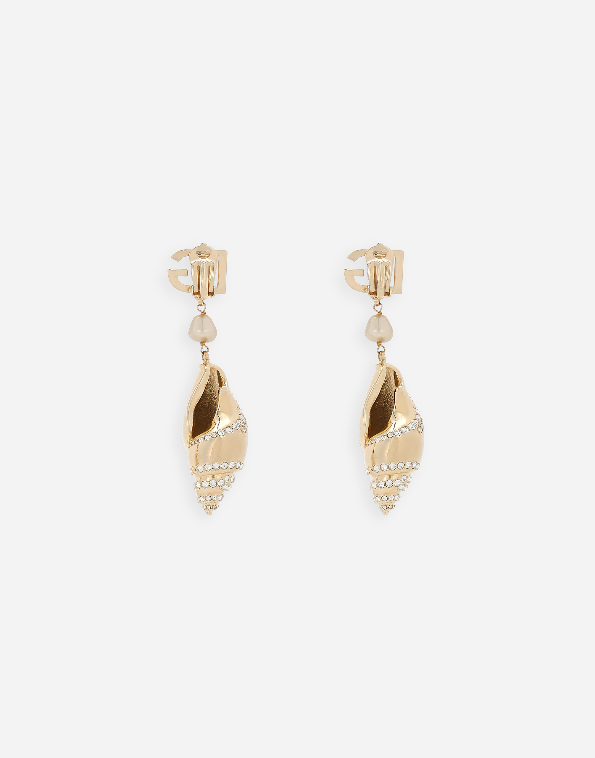 Dolce & Gabbana Earrings With Rhinestone-detailed Shell And Dg Logo In Gold