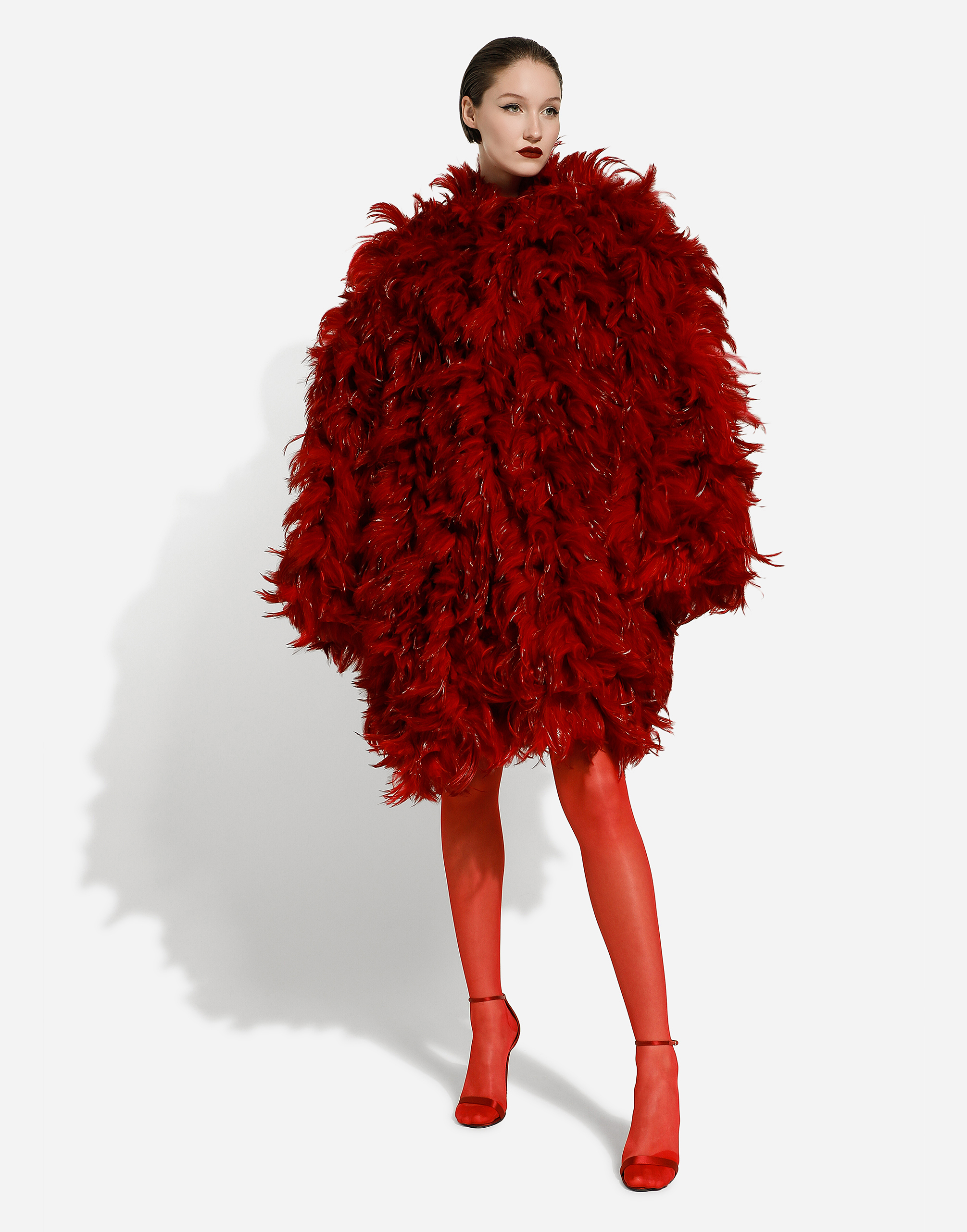 DOLCE & GABBANA ORGANZA COAT WITH ROOSTER FEATHER EMBELLISHMENT