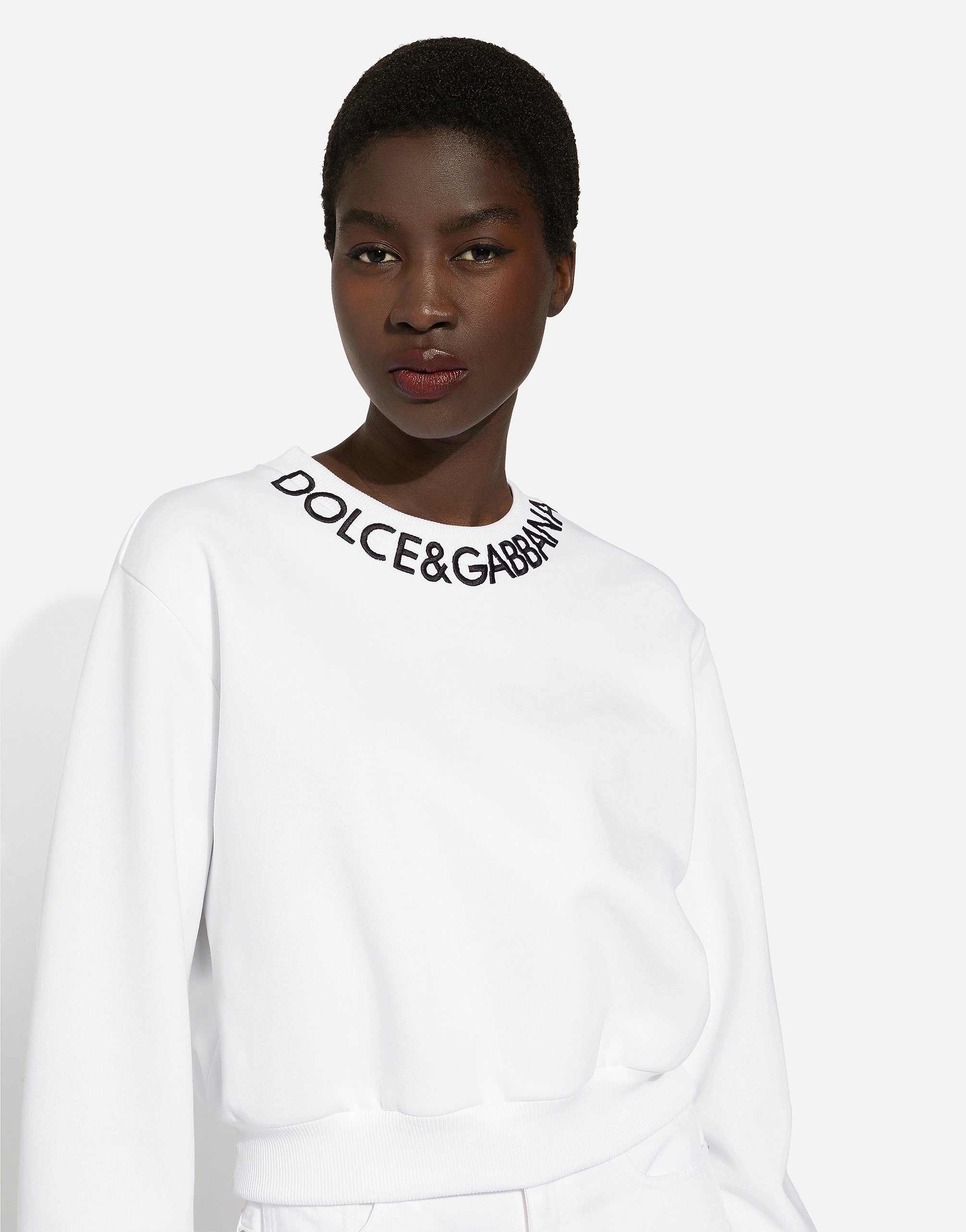 Shop Dolce & Gabbana Cropped Jersey Sweatshirt With Logo Embroidery On Neck In White