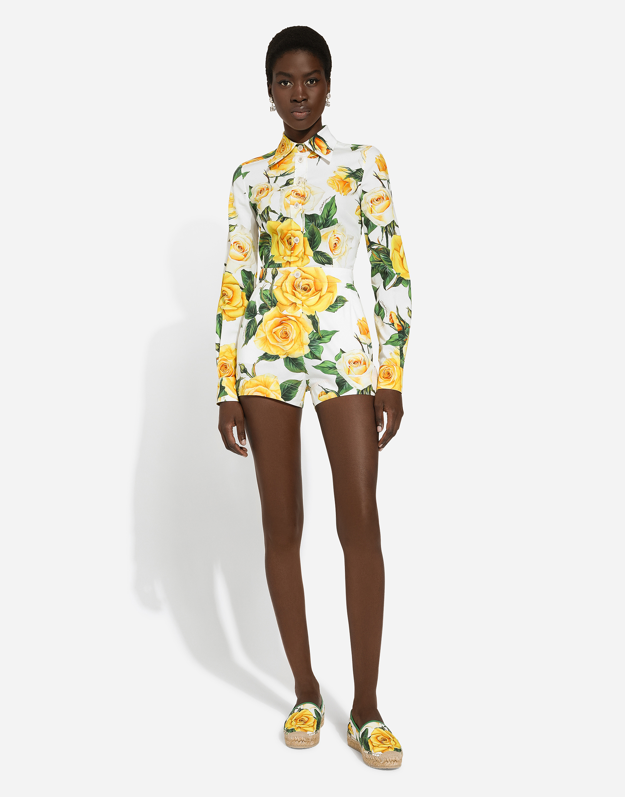 Shop Dolce & Gabbana Long-sleeved Cotton Shirt With Yellow Rose Print