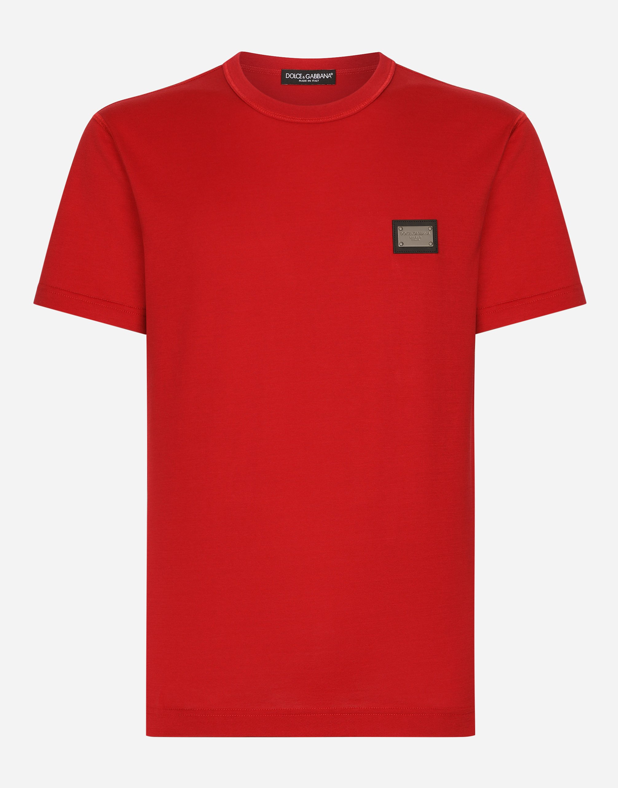 Dolce & Gabbana T-shirt Cotone Con Placca Logata In Red