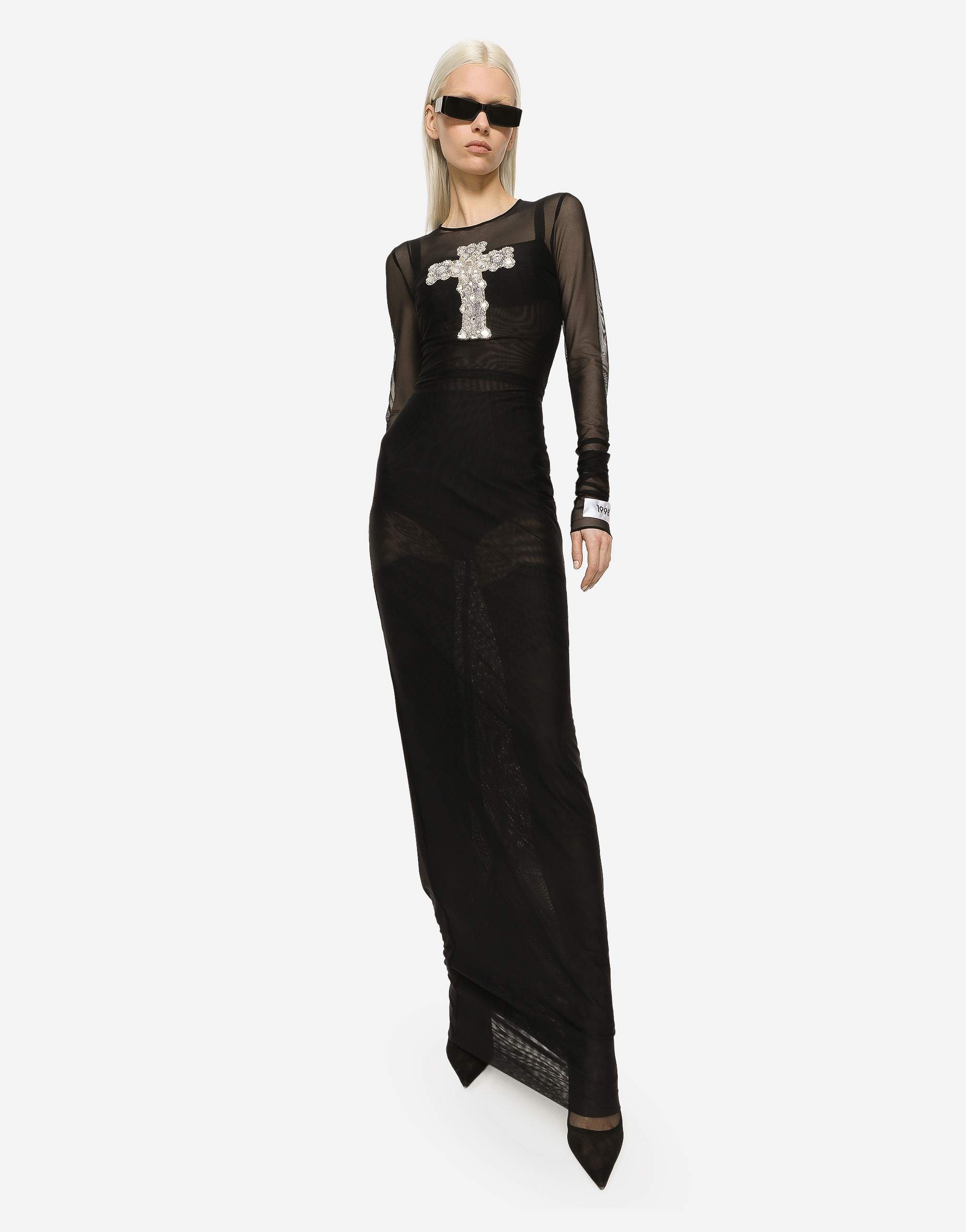 Dolce & Gabbana Long Tulle Dress With Rhinestone Cross Embellishment In Black