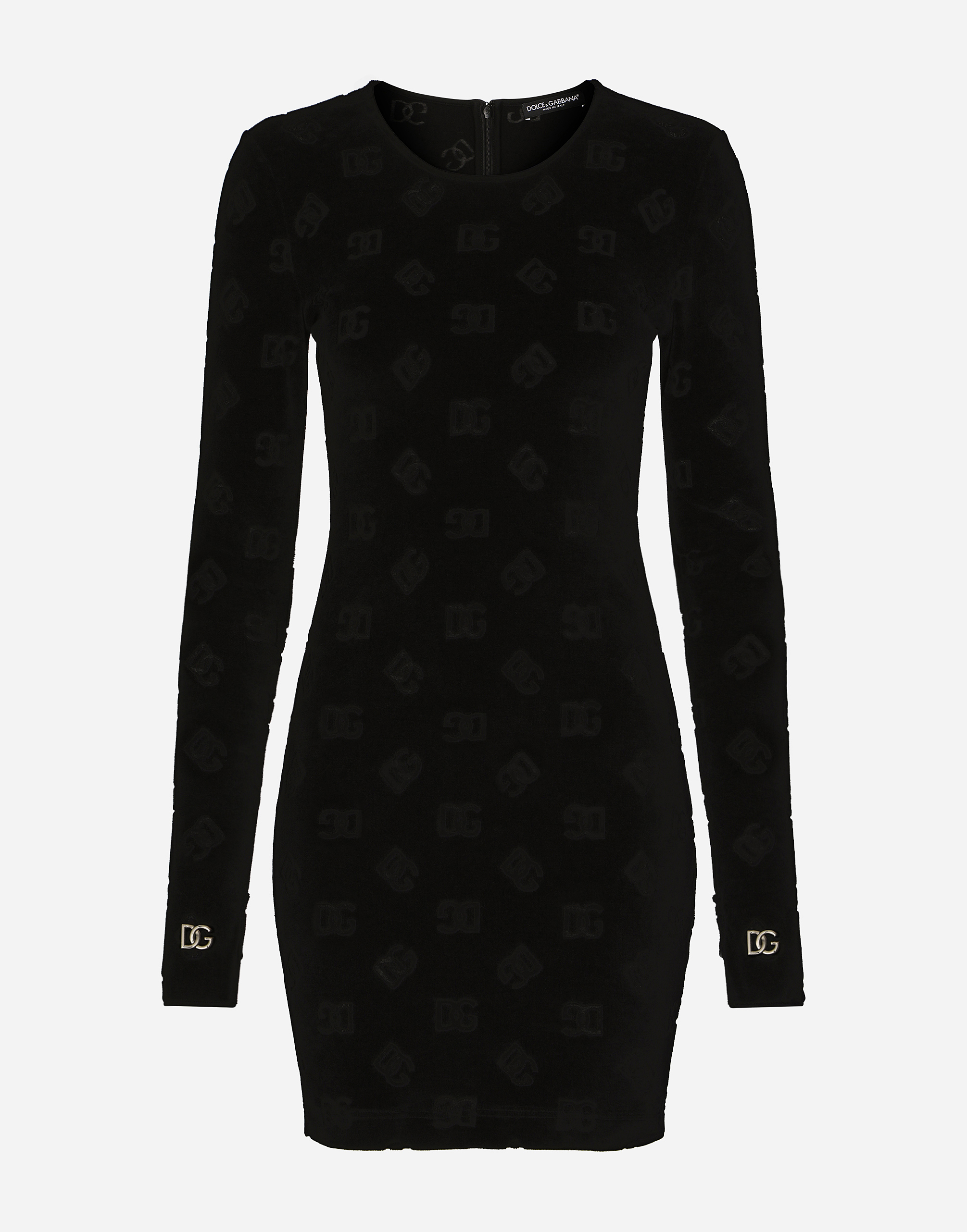 Dolce & Gabbana Short Flocked Jersey Dress With All-over Dg Logo In Black