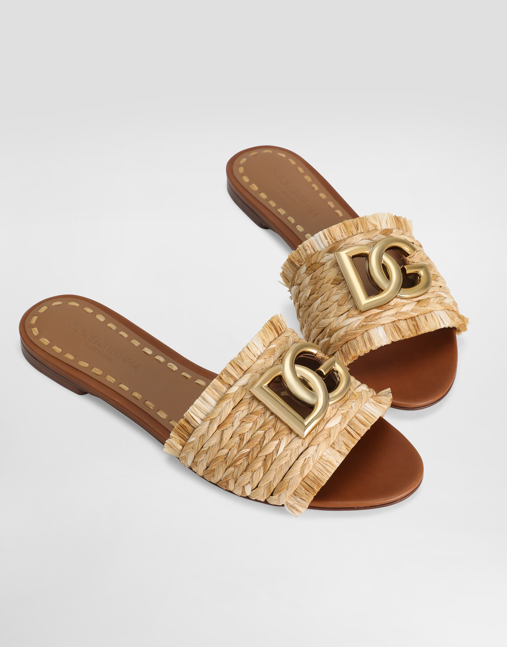 Dolce & Gabbana Women Beige Sandals With Fringed Details And Logo Plaque On The Front In Raffia Woma In Neutral