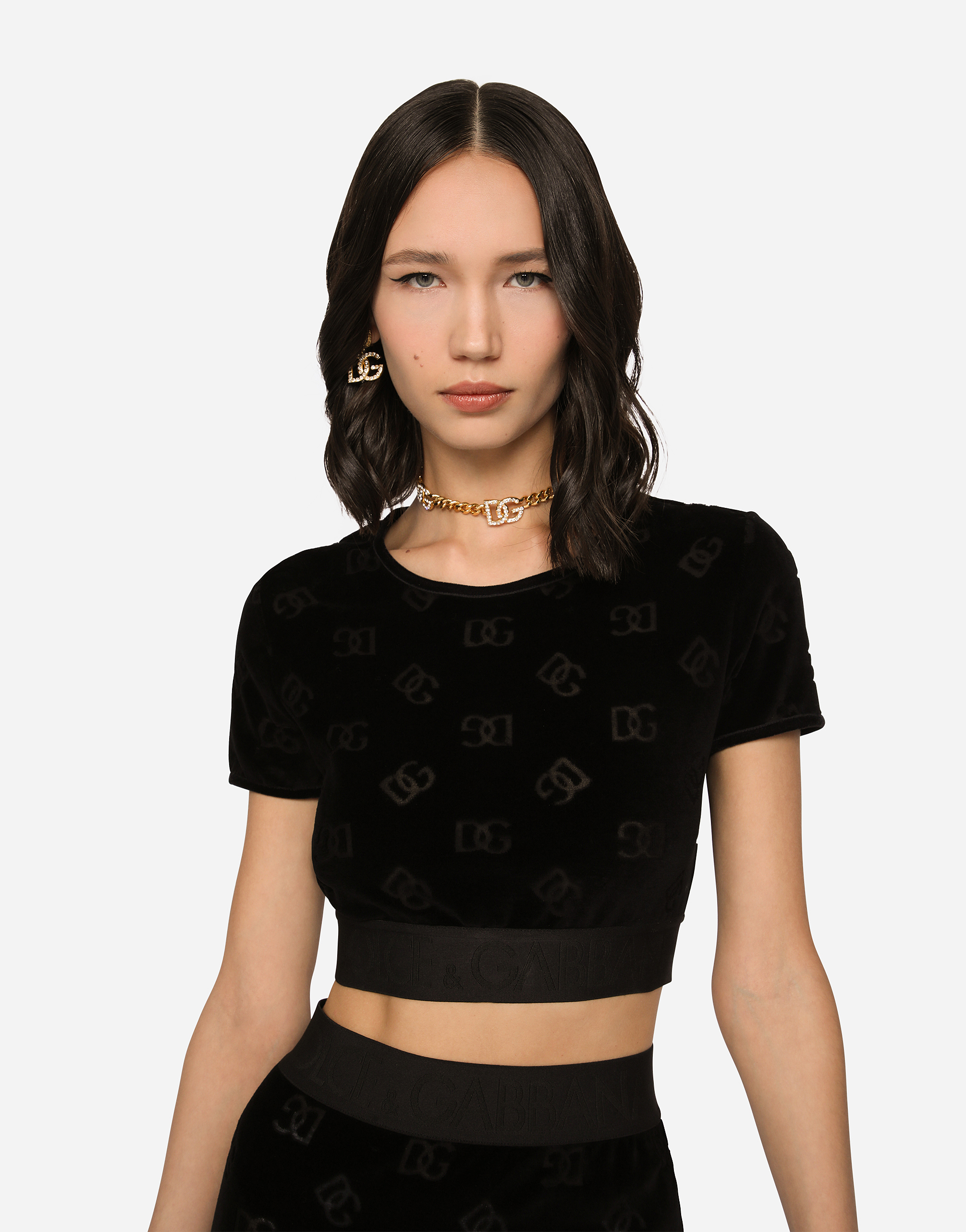 Dolce & Gabbana Flocked Jersey T-shirt With All-over Dg Logo In Black