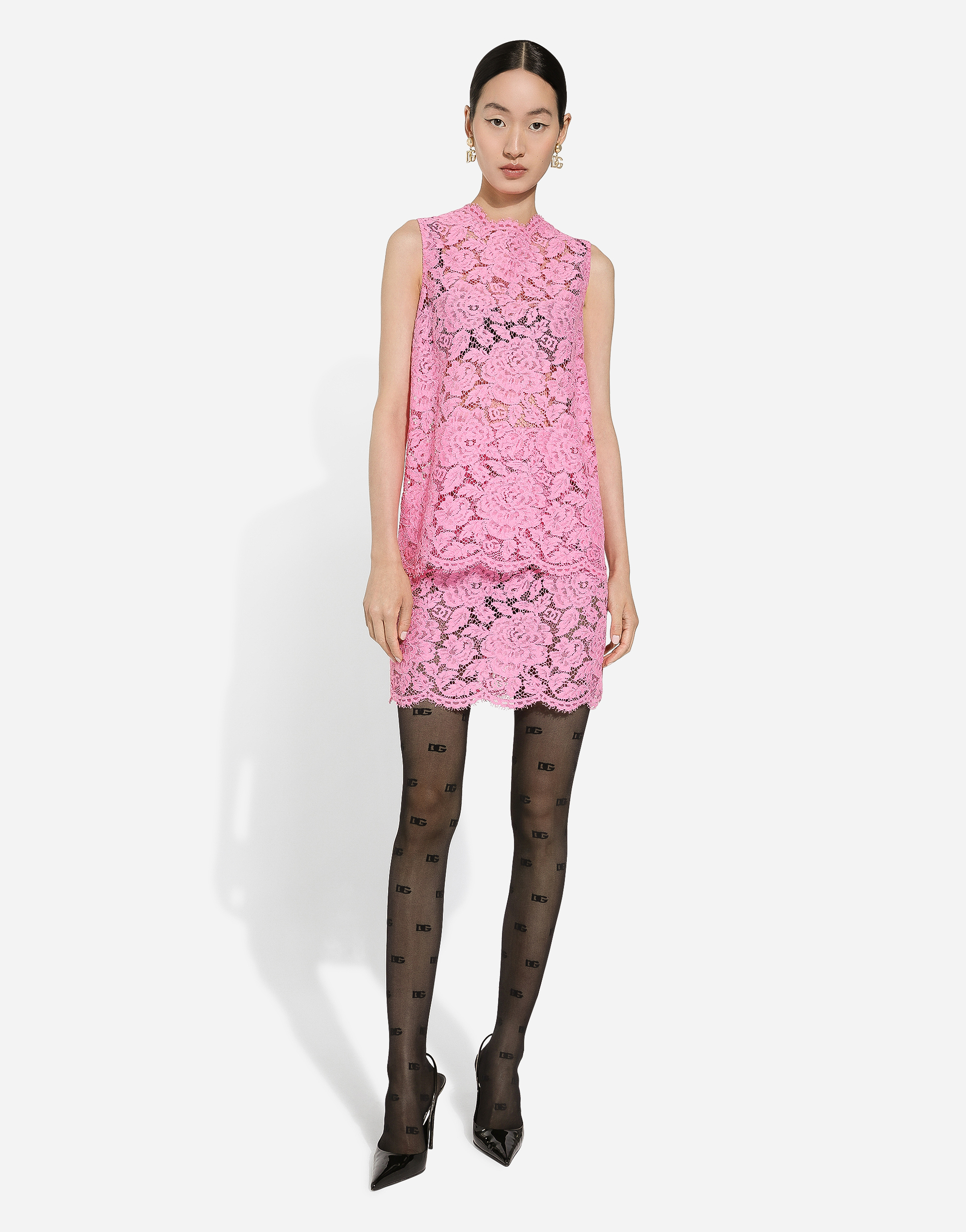 Shop Dolce & Gabbana Branded Floral Cordonetto Lace Miniskirt In Pink