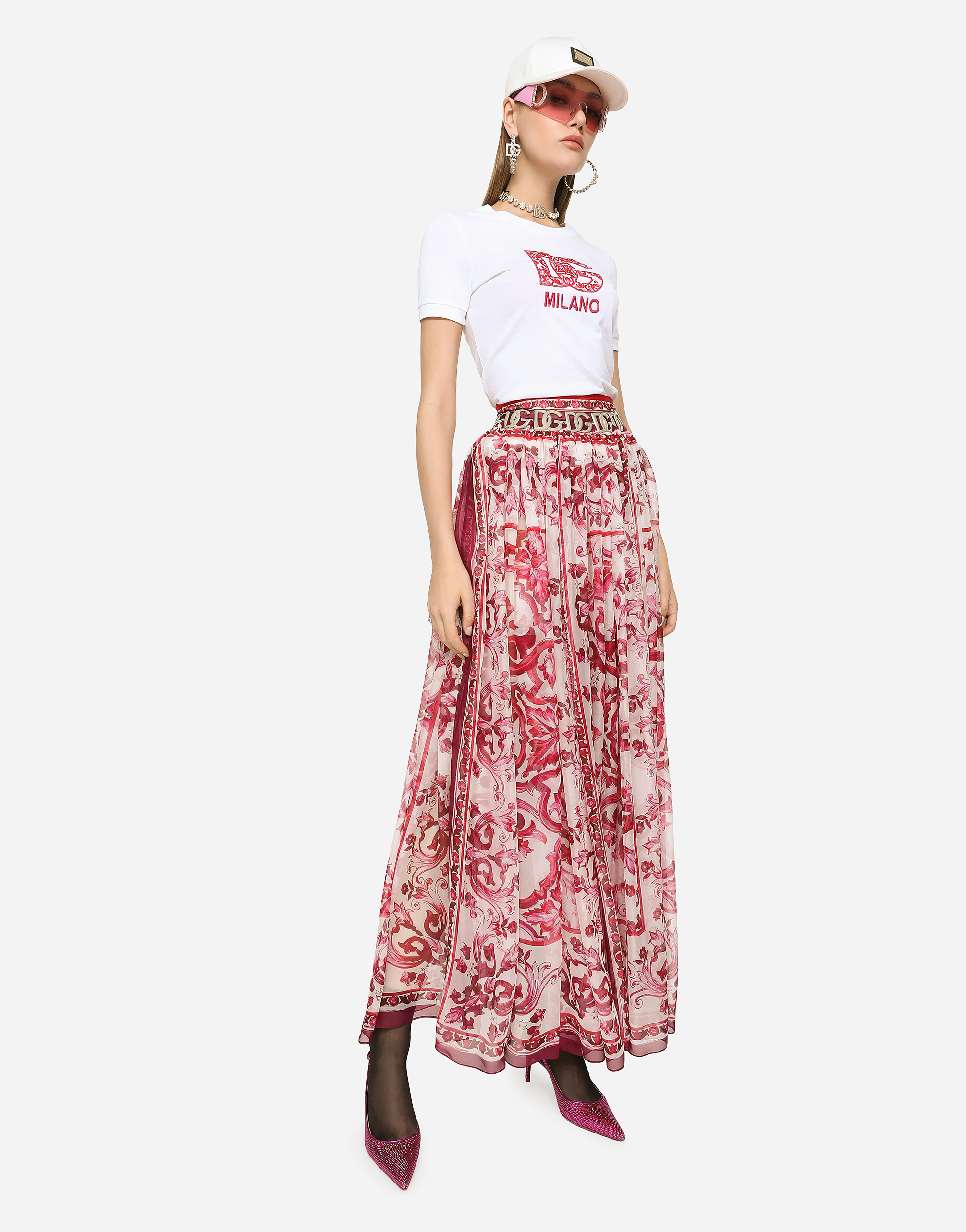 Shop Dolce & Gabbana Long Majolica-print Chiffon Skirt In Multicolor
